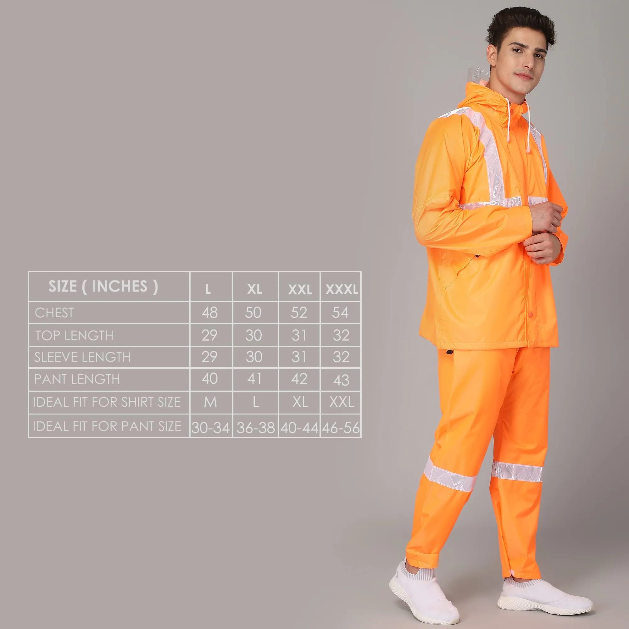 The Clownfish Gabriel Series Men's Waterproof Polyester Raincoat with Hood and Reflector Logo at Front & Back for Night Travelling. Set of Top and Bottom. Printed Plastic Pouch with Rope ( Orange, XX-Large)