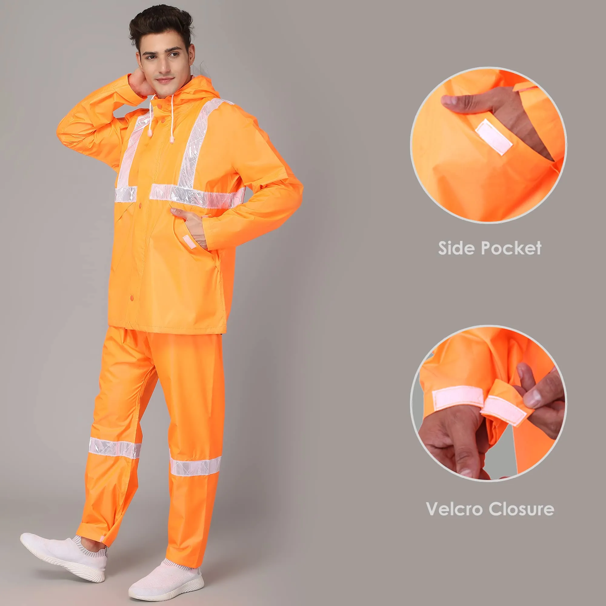 The Clownfish Gabriel Series Men's Waterproof Polyester Raincoat with Hood and Reflector Logo at Front & Back for Night Travelling. Set of Top and Bottom. Printed Plastic Pouch with Rope ( Orange, XX-Large)