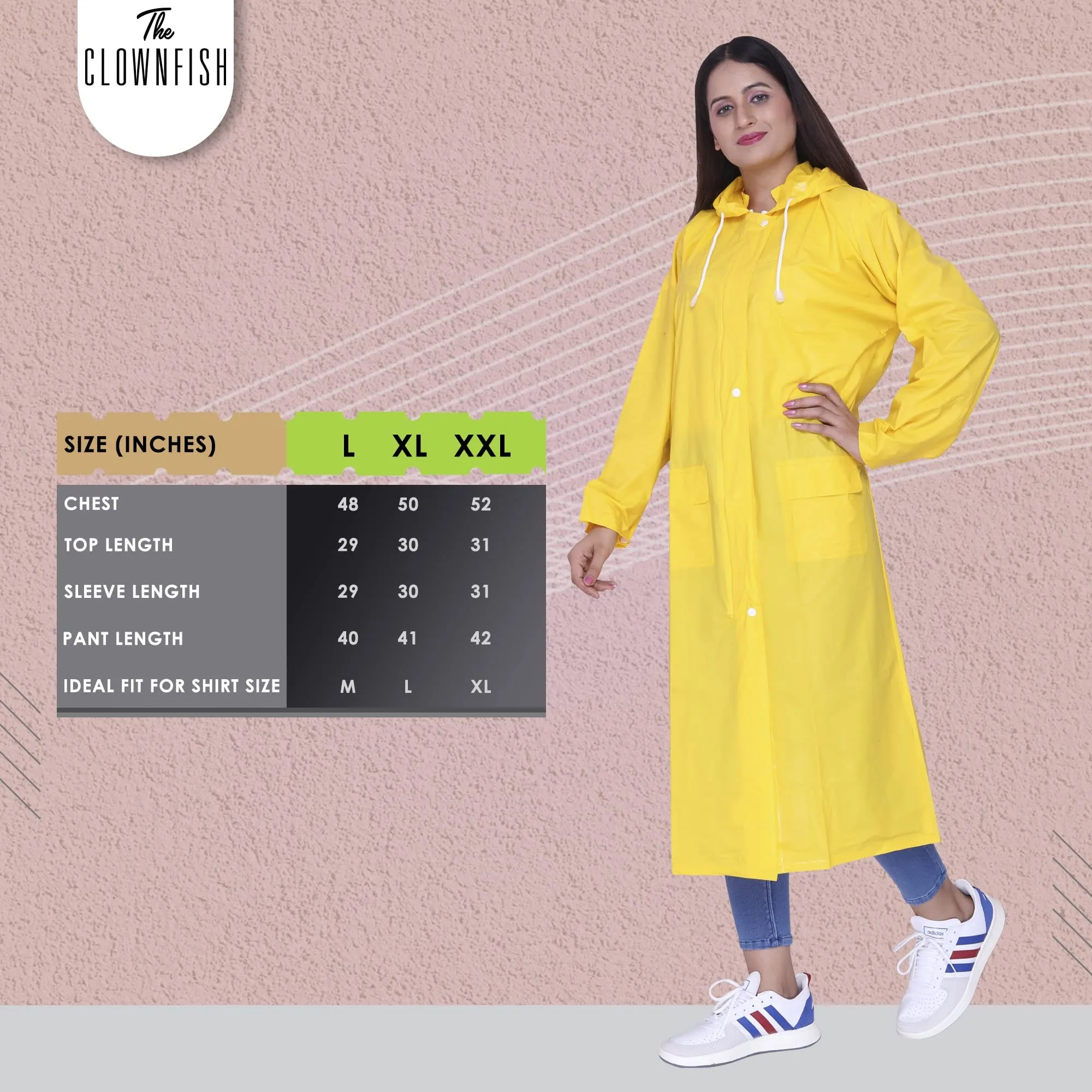 THE CLOWNFISH Indus Pro Series Women's Waterproof PVC Raincoat/Longcoat with Adjustable Hood- With Storage Bag (Yellow, L)