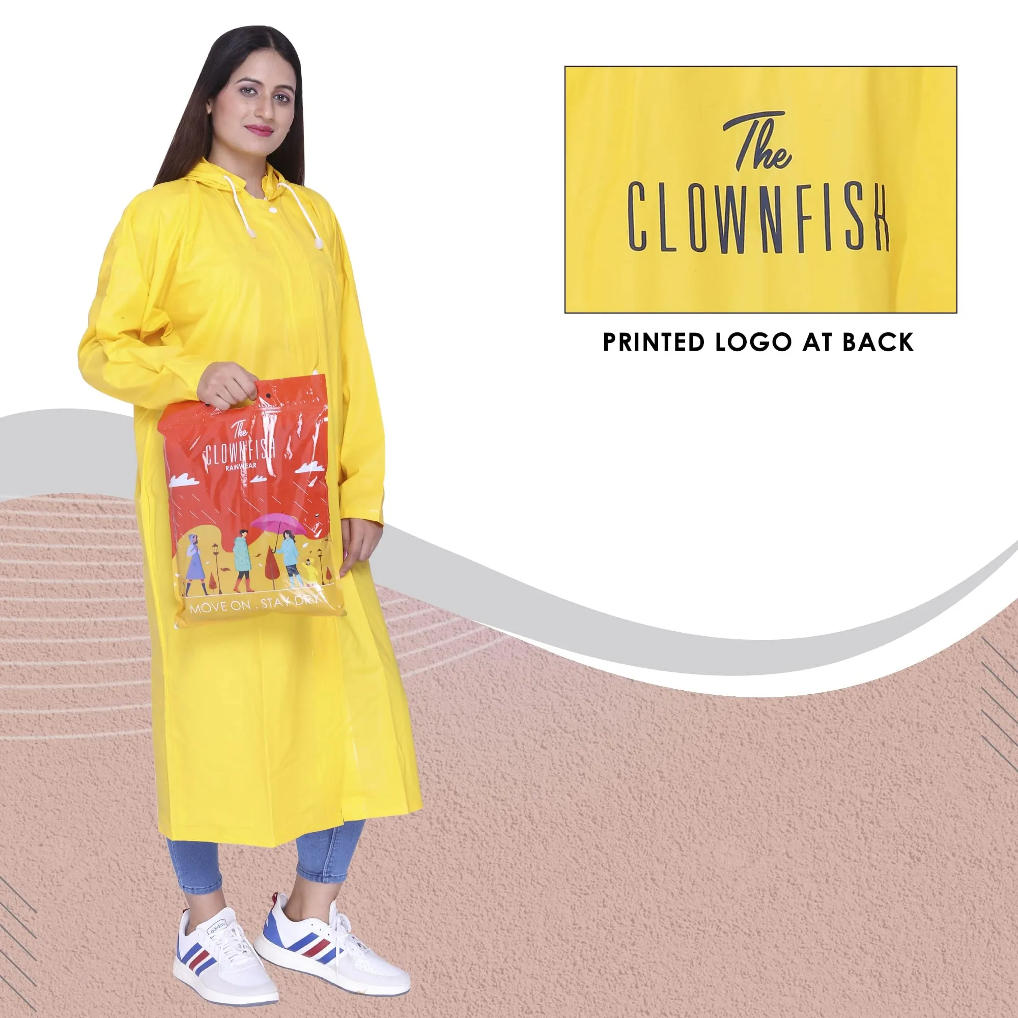 THE CLOWNFISH Indus Pro Series Women's Waterproof PVC Raincoat/Longcoat with Adjustable Hood- With Storage Bag (Yellow, L)