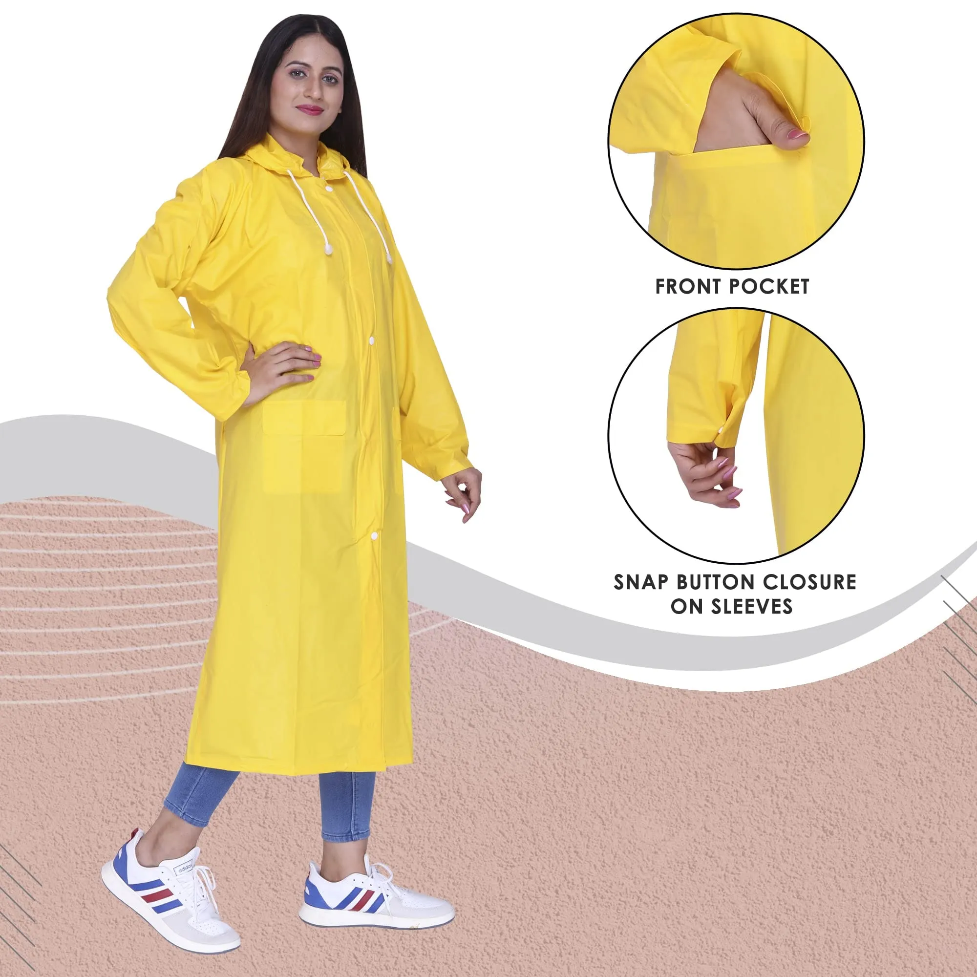 THE CLOWNFISH Indus Pro Series Women's Waterproof PVC Raincoat/Longcoat with Adjustable Hood- With Storage Bag (Yellow, L)