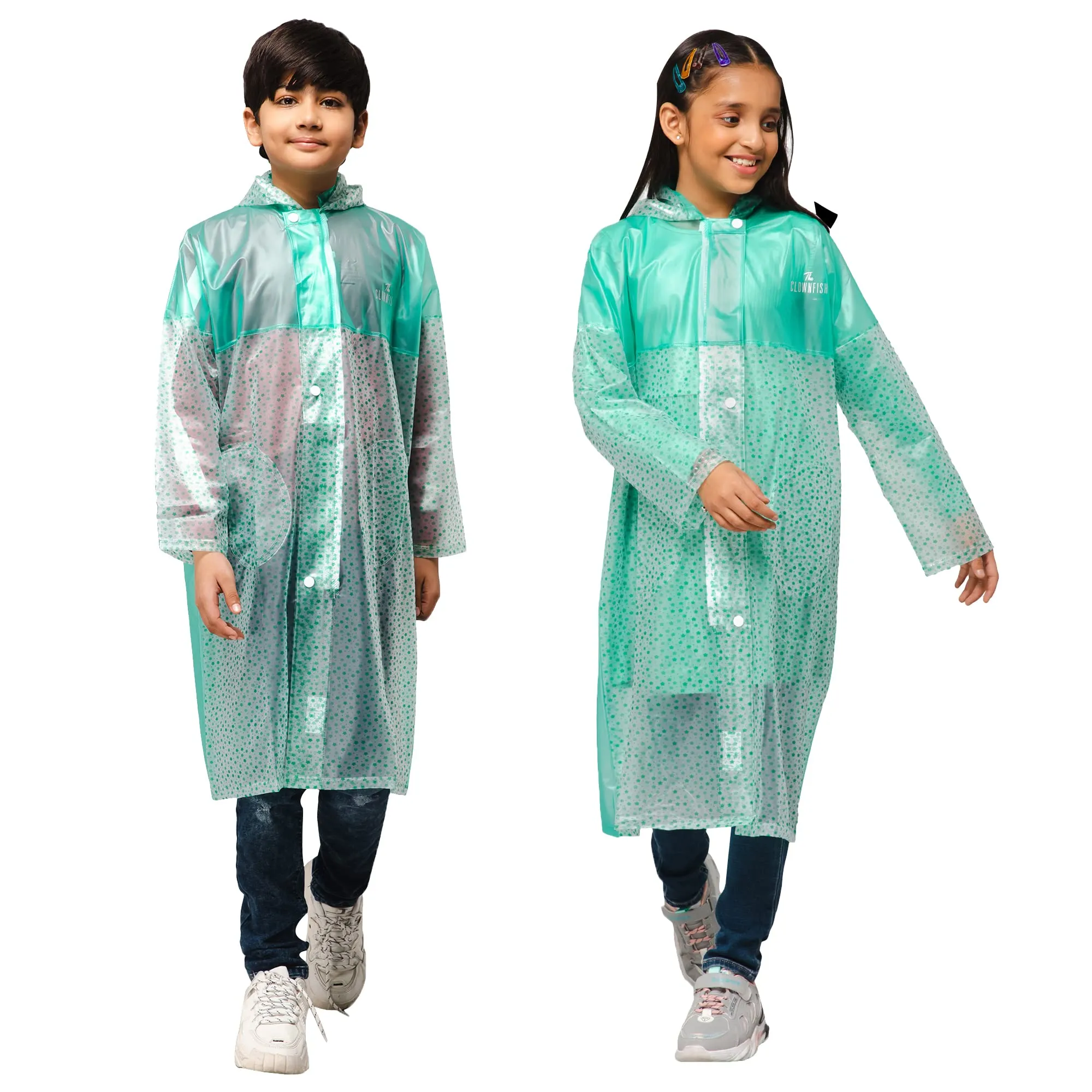 THE CLOWNFISH Misty Magic Series Unisex Kids Waterproof Single Layer PVC Longcoat/Raincoat with Adjustable Hood. Age-3-4 Years (Aqua Green)