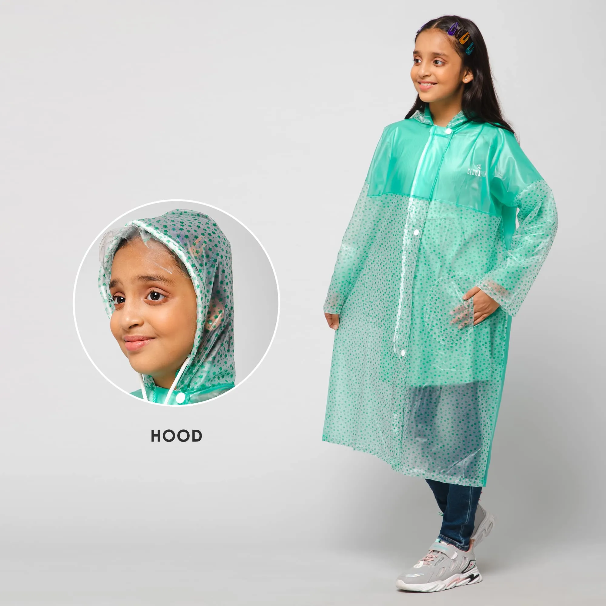 THE CLOWNFISH Misty Magic Series Unisex Kids Waterproof Single Layer PVC Longcoat/Raincoat with Adjustable Hood. Age-3-4 Years (Aqua Green)