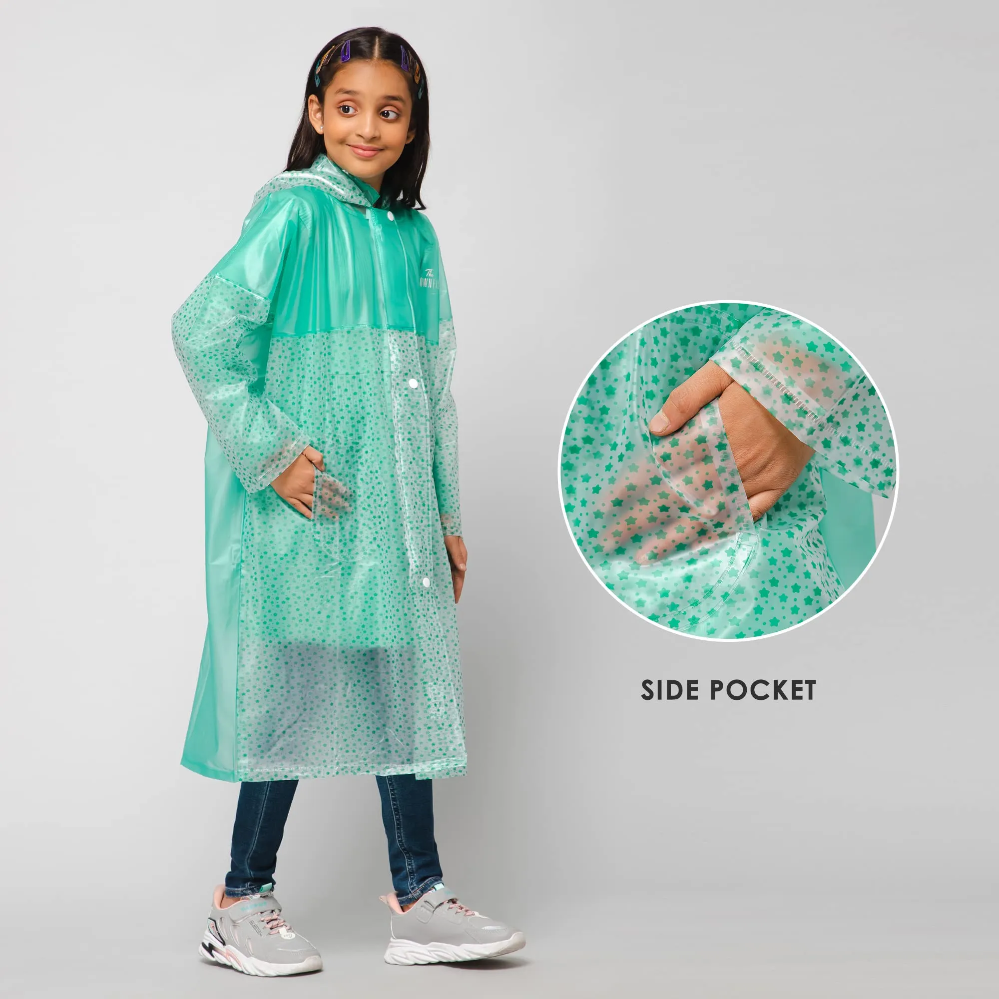 THE CLOWNFISH Misty Magic Series Unisex Kids Waterproof Single Layer PVC Longcoat/Raincoat with Adjustable Hood. Age-3-4 Years (Aqua Green)