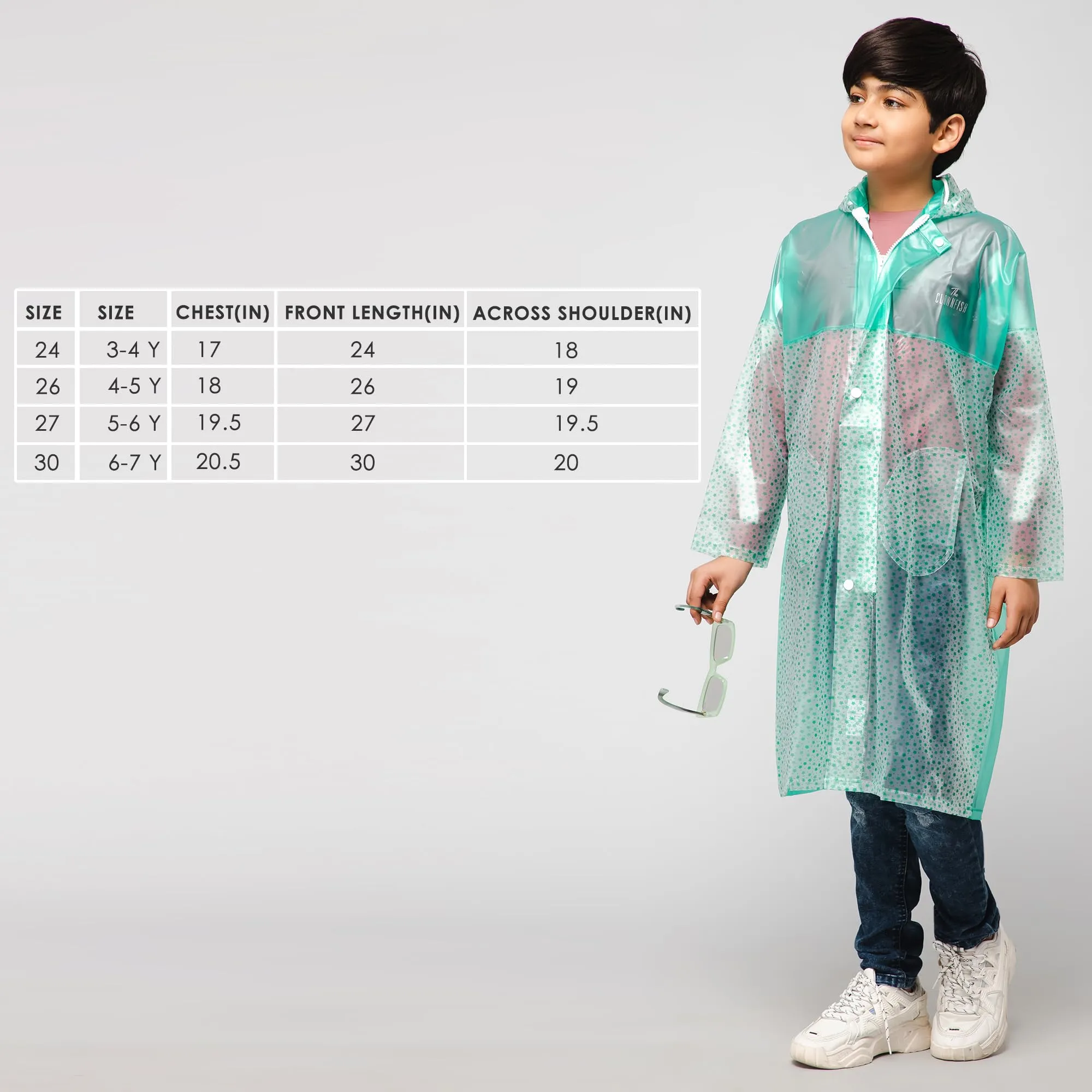 THE CLOWNFISH Misty Magic Series Unisex Kids Waterproof Single Layer PVC Longcoat/Raincoat with Adjustable Hood. Age-3-4 Years (Aqua Green)