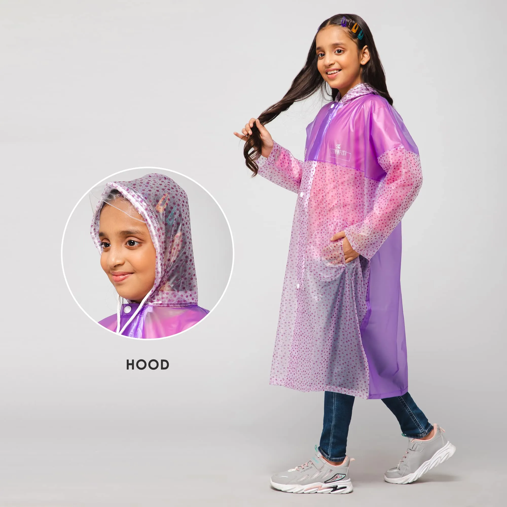 THE CLOWNFISH Misty Magic Series Unisex Kids Waterproof Single Layer PVC Longcoat/Raincoat with Adjustable Hood. Age-3-4 Years (Purple)