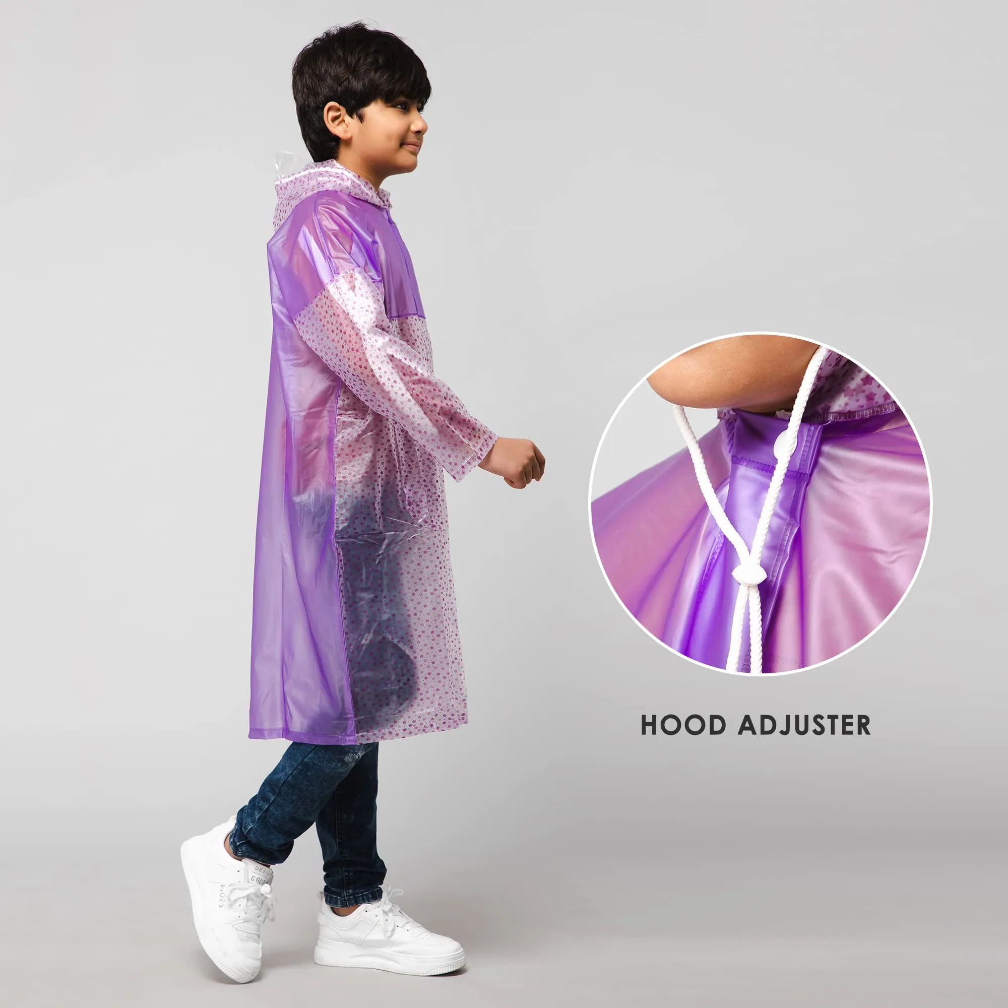 THE CLOWNFISH Misty Magic Series Unisex Kids Waterproof Single Layer PVC Longcoat/Raincoat with Adjustable Hood. Age-3-4 Years (Purple)