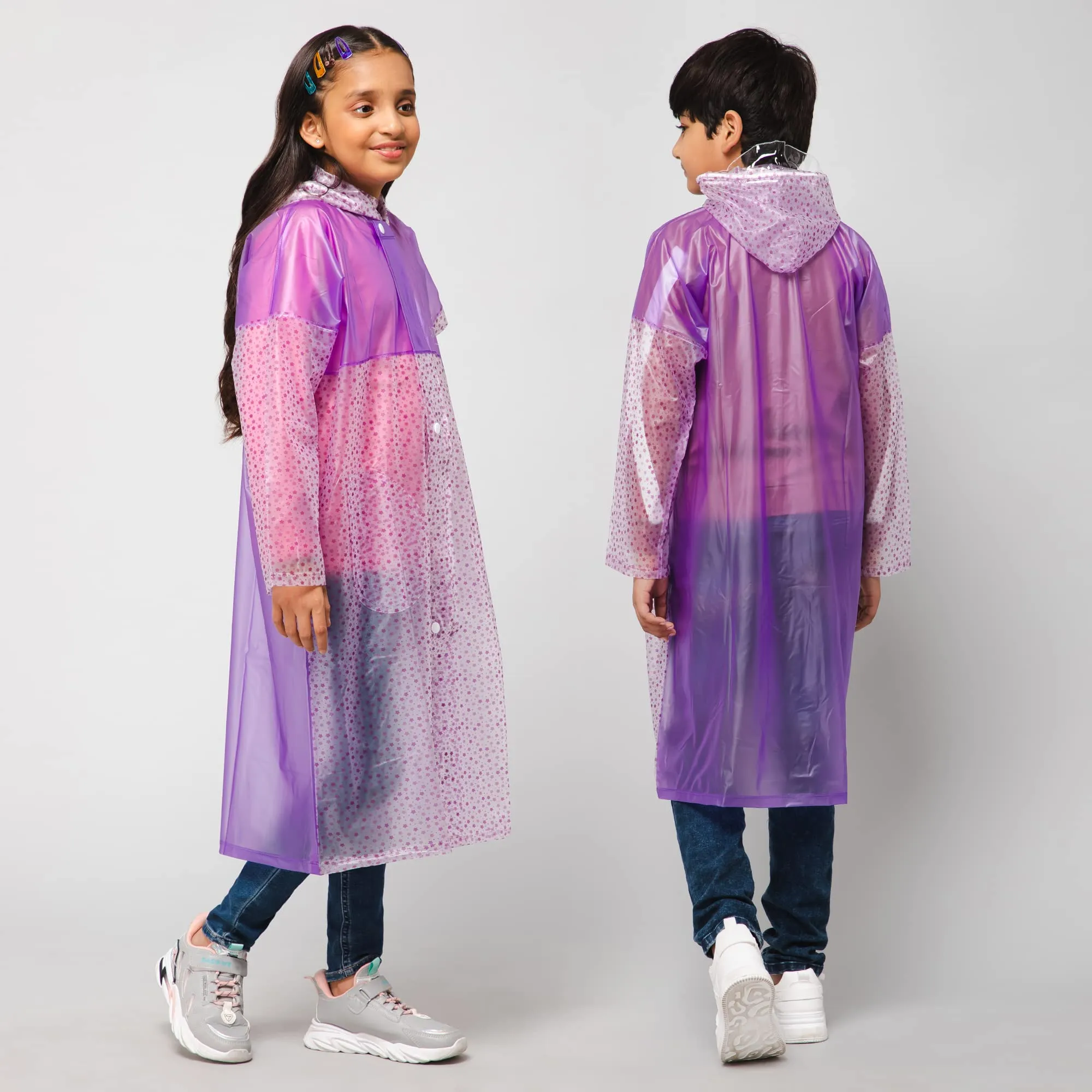 THE CLOWNFISH Misty Magic Series Unisex Kids Waterproof Single Layer PVC Longcoat/Raincoat with Adjustable Hood. Age-3-4 Years (Purple)