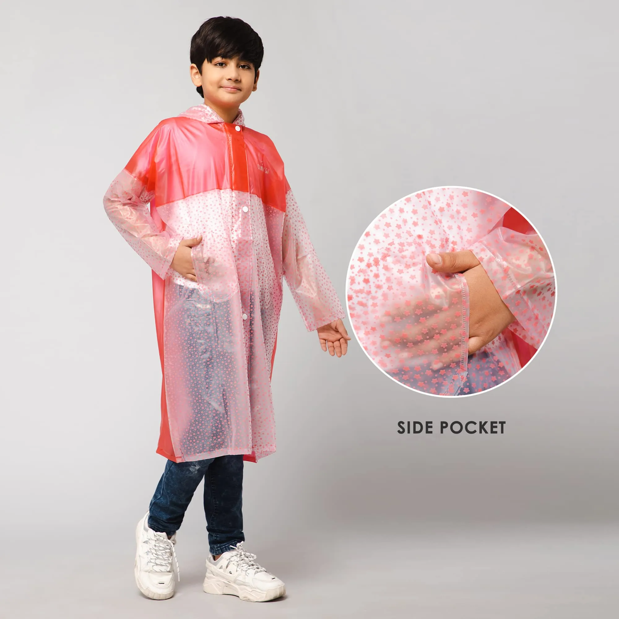 THE CLOWNFISH Misty Magic Series Unisex Kids Waterproof Single Layer PVC Longcoat/Raincoat with Adjustable Hood. Age-3-4 Years (Rose Red)