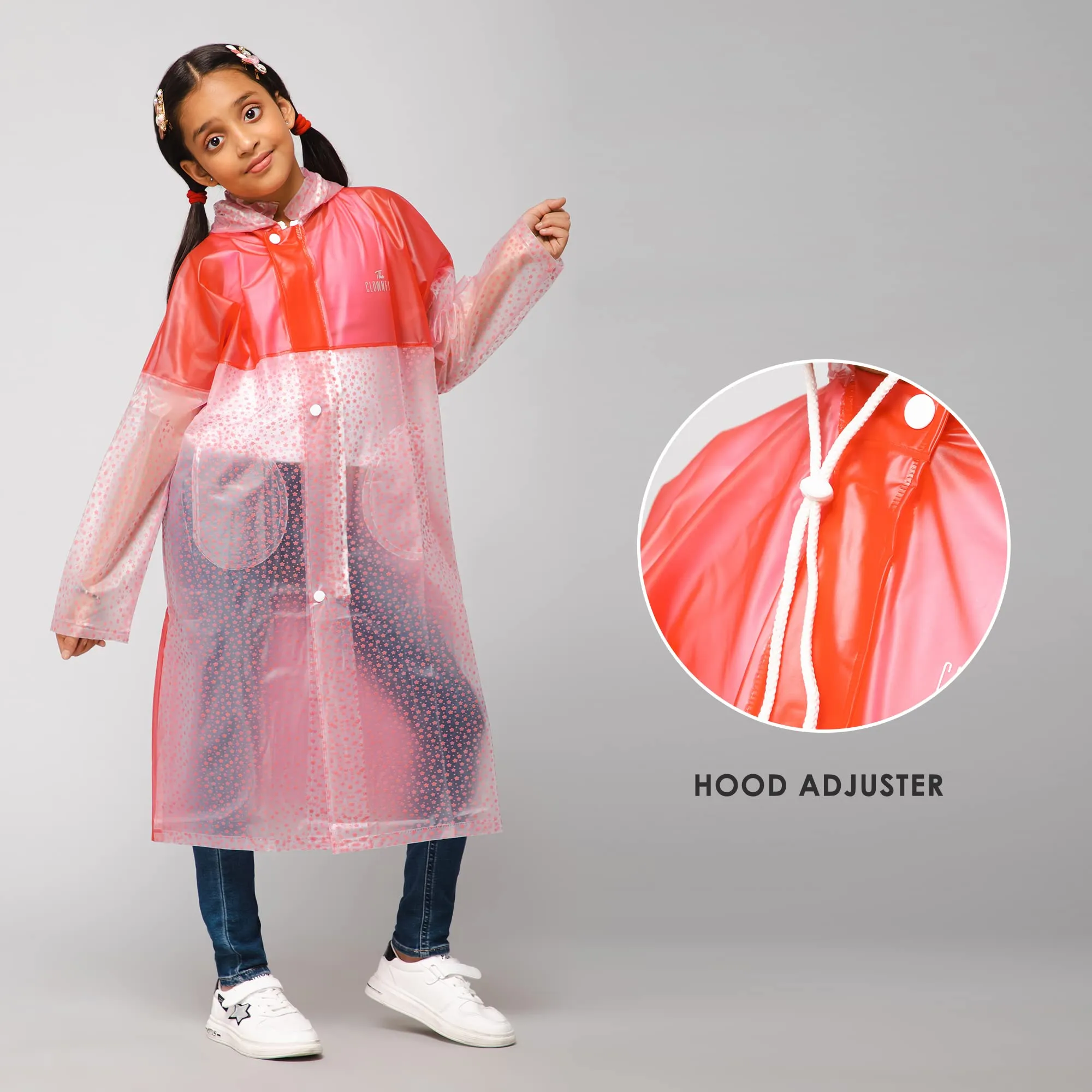 THE CLOWNFISH Misty Magic Series Unisex Kids Waterproof Single Layer PVC Longcoat/Raincoat with Adjustable Hood. Age-3-4 Years (Rose Red)