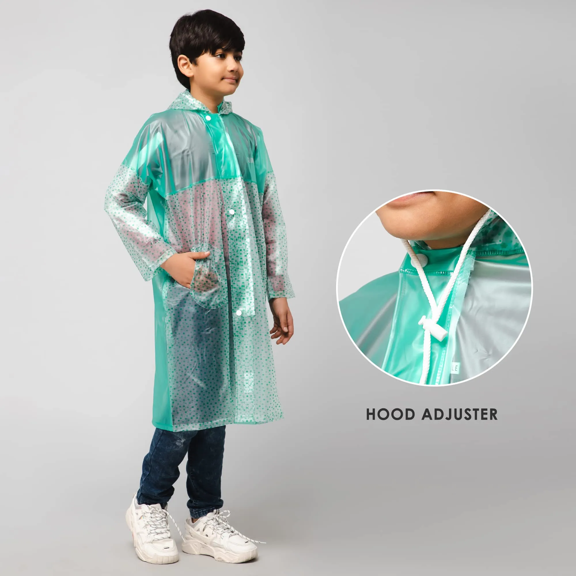 THE CLOWNFISH Misty Magic Series Unisex Kids Waterproof Single Layer PVC Longcoat/Raincoat with Adjustable Hood. Age-4-5 Years (Aqua Green)