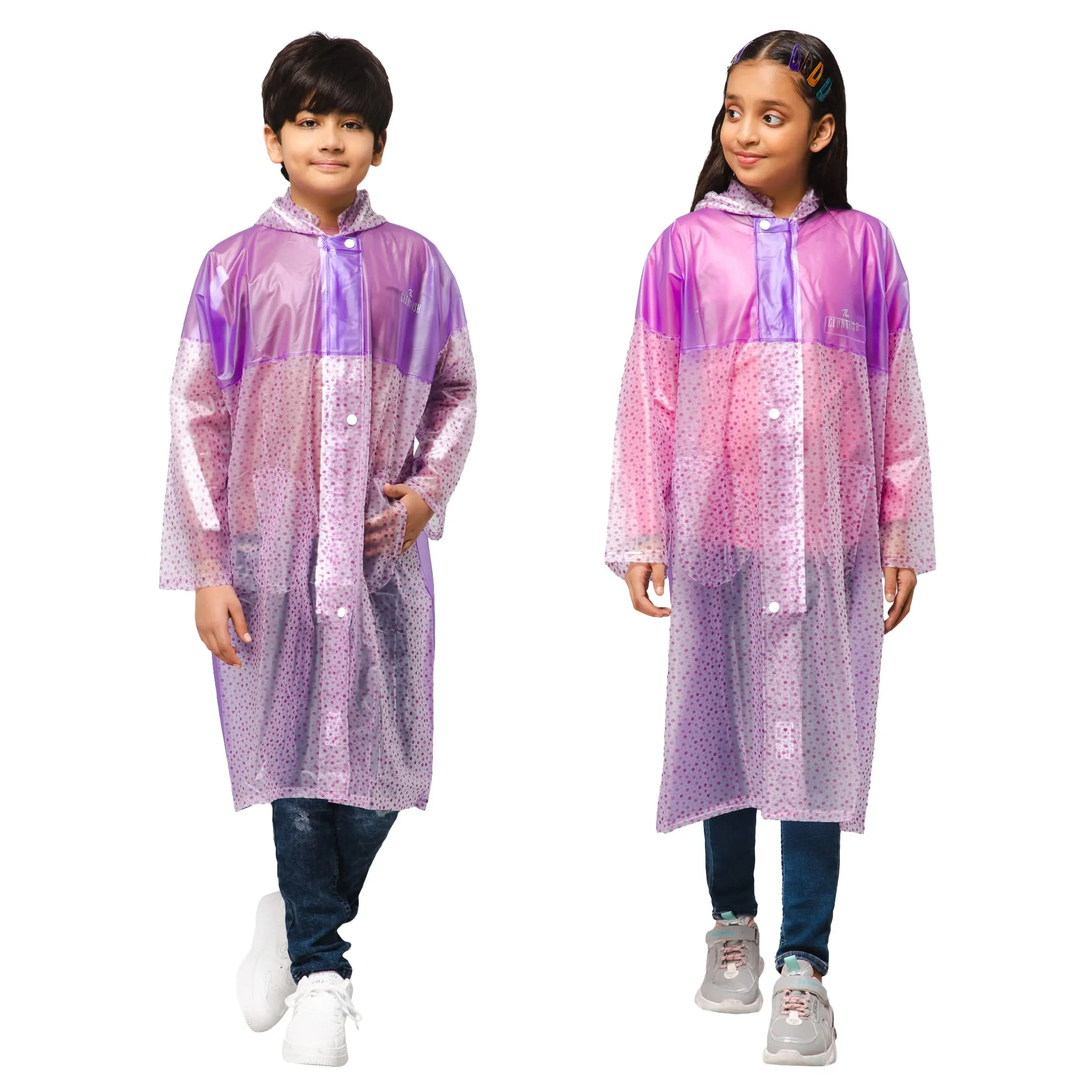 THE CLOWNFISH Misty Magic Series Unisex Kids Waterproof Single Layer PVC Longcoat/Raincoat with Adjustable Hood. Age-6-7 Years (Purple)