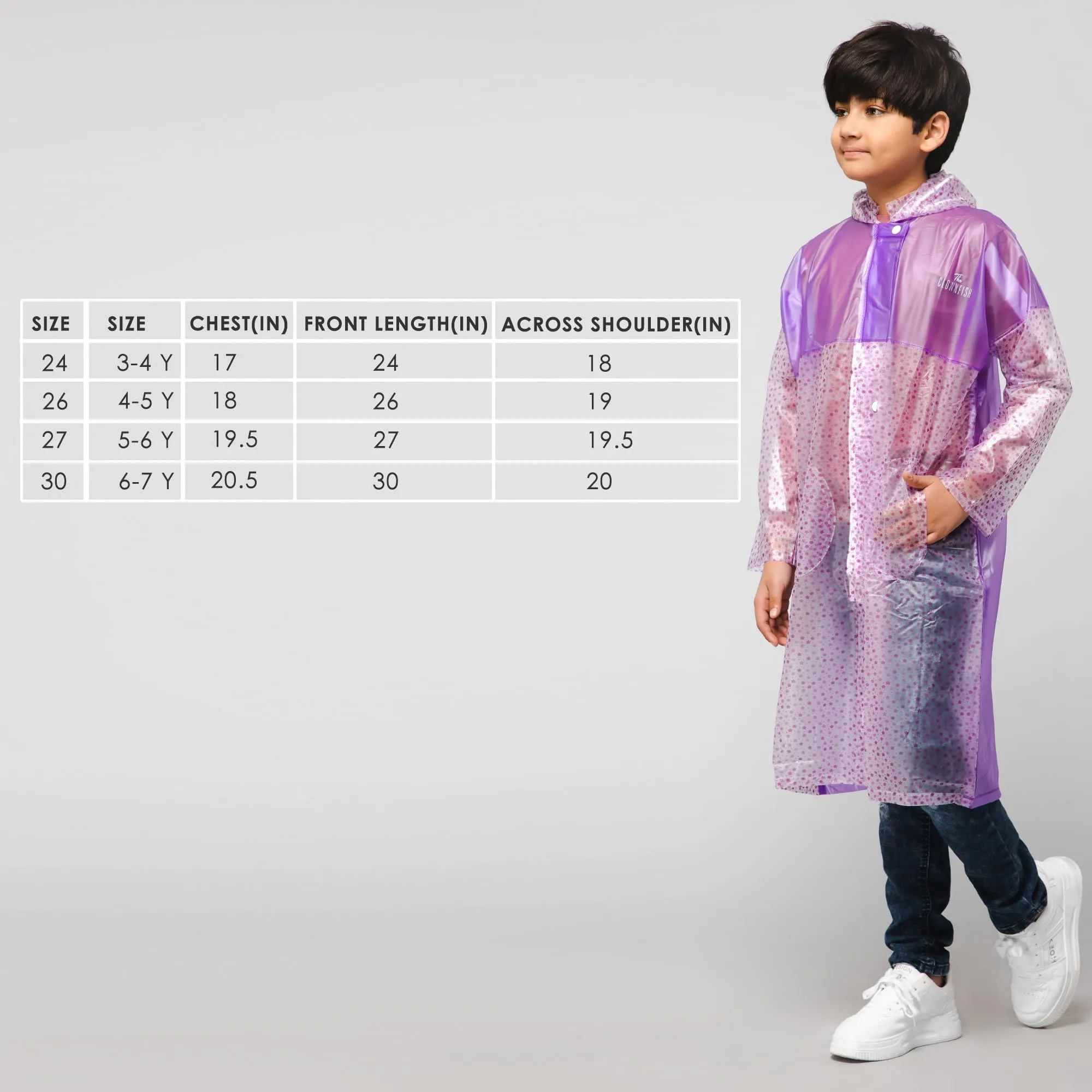 THE CLOWNFISH Misty Magic Series Unisex Kids Waterproof Single Layer PVC Longcoat/Raincoat with Adjustable Hood. Age-6-7 Years (Purple)