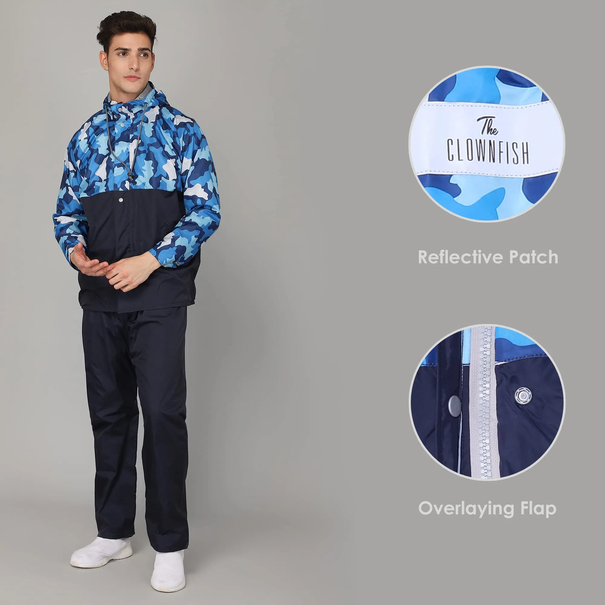 THE CLOWNFISH Napoleon Series Men's Waterproof Nylon Double Coating Reversible Raincoat with Hood and Reflector Logo at Back. Set of Top and Bottom. Printed Plastic Pouch with Rope (Blue, X-Large)