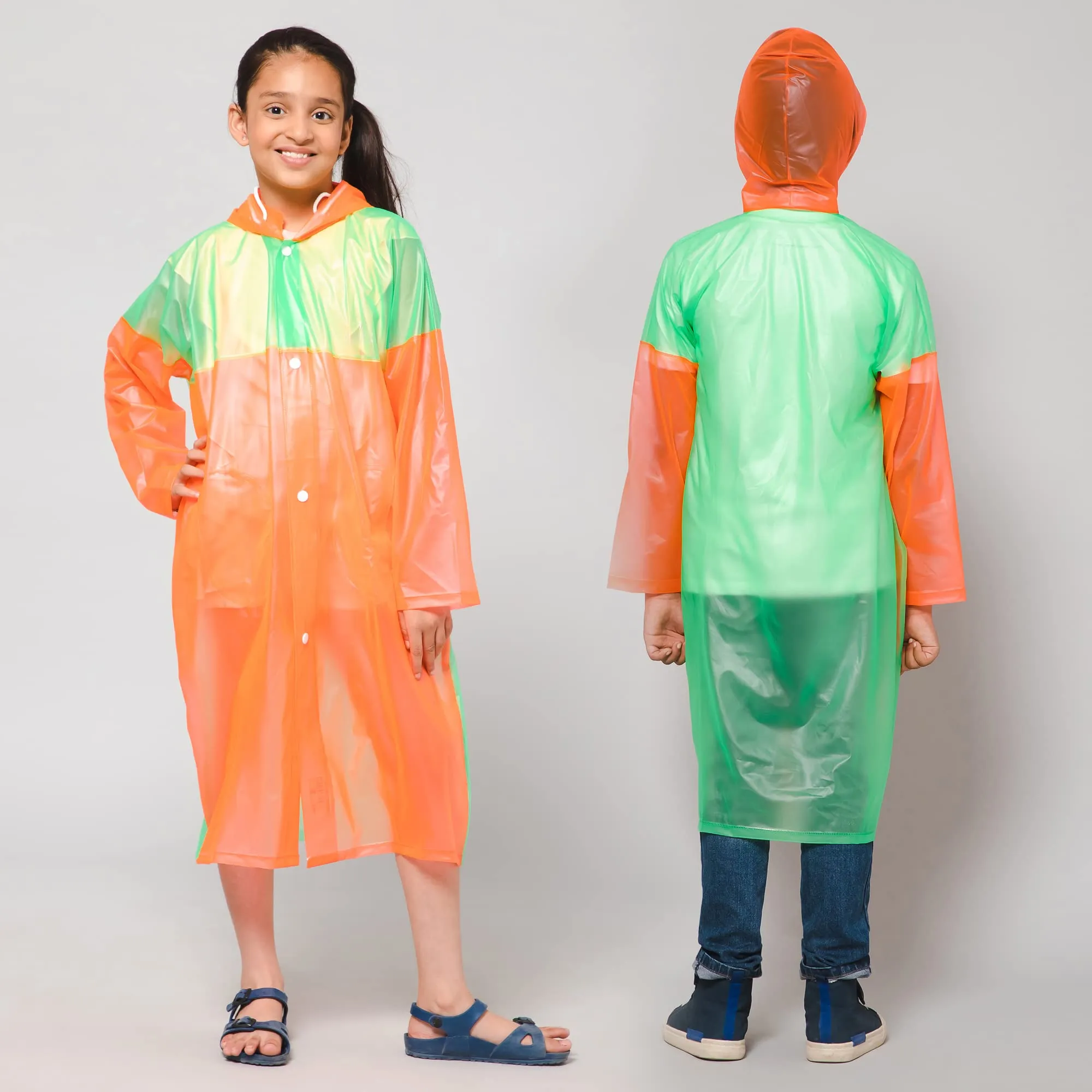 THE CLOWNFISH Puddle Jumper Series Unisex Kids Waterproof Single Layer PVC Longcoat/Raincoat with Adjustable Hood. Age-3-4 Years (Orange)