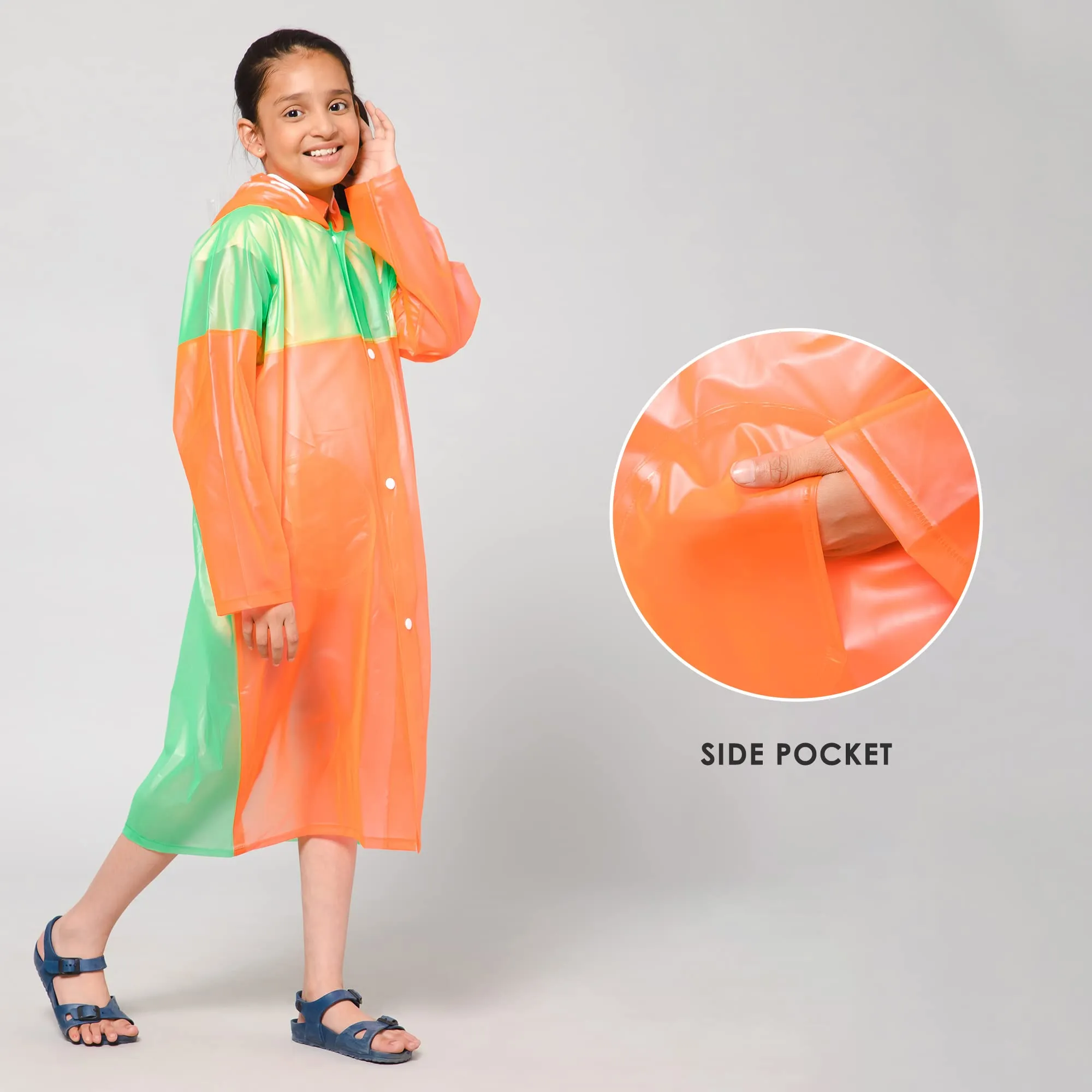 THE CLOWNFISH Puddle Jumper Series Unisex Kids Waterproof Single Layer PVC Longcoat/Raincoat with Adjustable Hood. Age-3-4 Years (Orange)