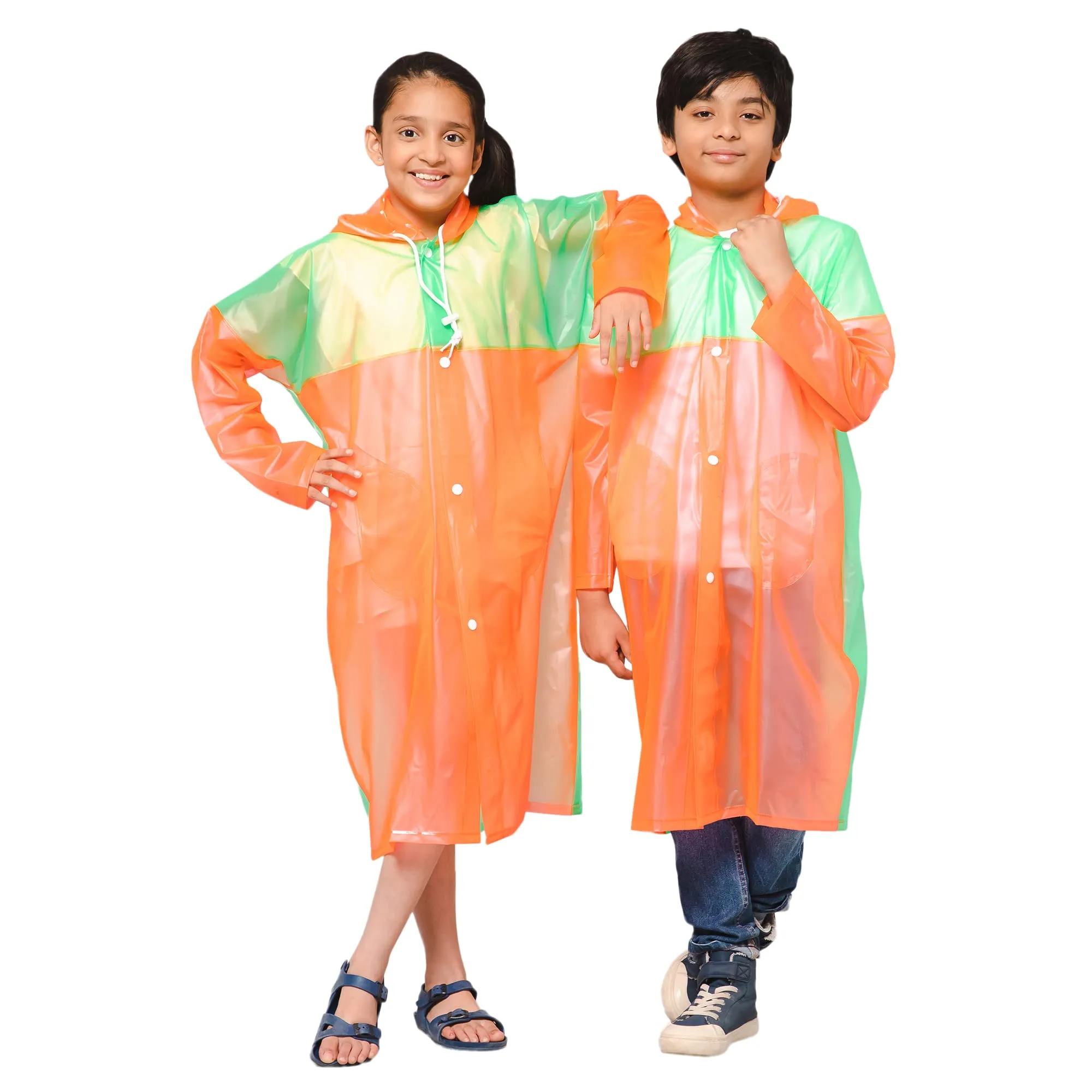 THE CLOWNFISH Puddle Jumper Series Unisex Kids Waterproof Single Layer PVC Longcoat/Raincoat with Adjustable Hood. Age-3-4 Years (Orange)