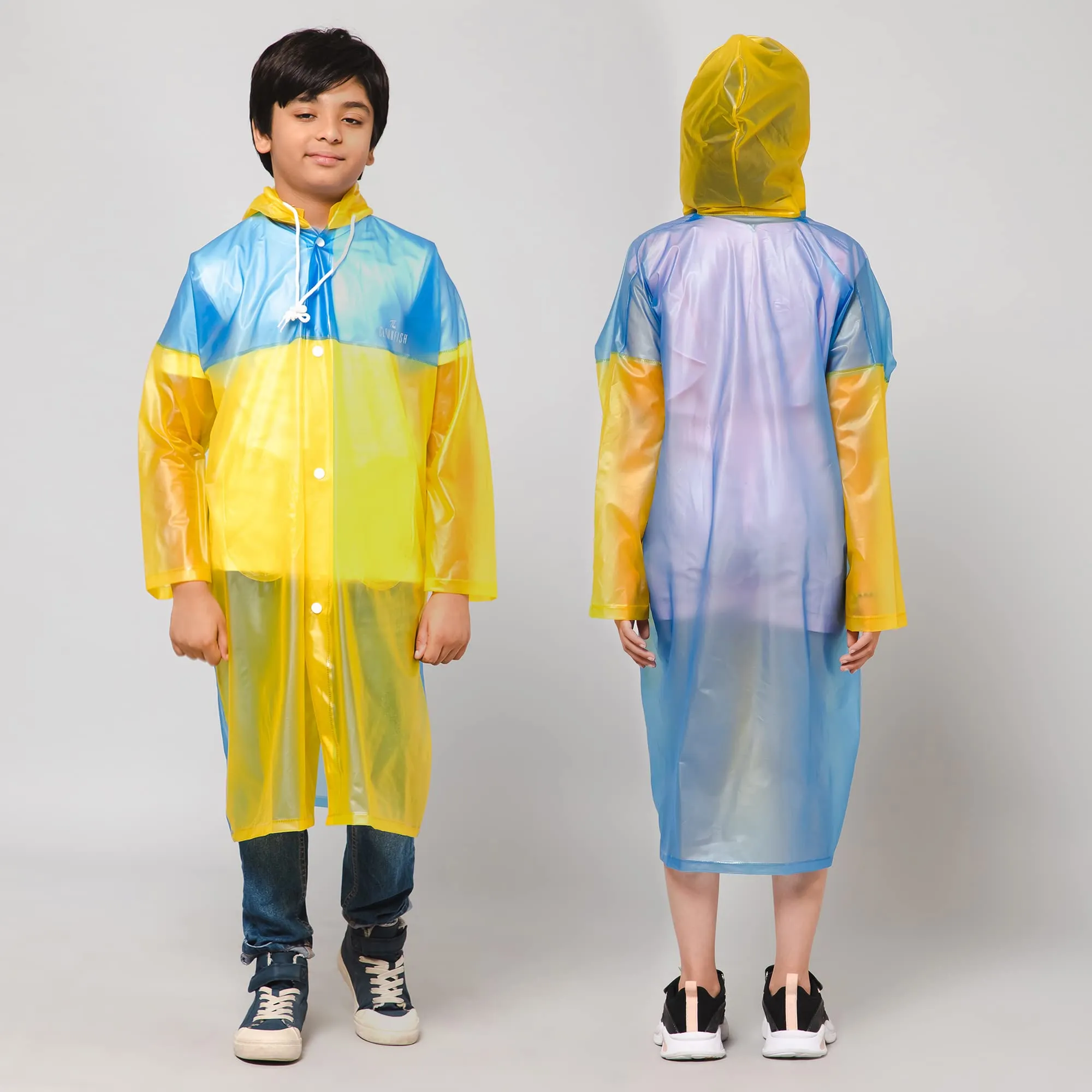 THE CLOWNFISH Puddle Jumper Series Unisex Kids Waterproof Single Layer PVC Longcoat/Raincoat with Adjustable Hood. Age-4-5 Years (Blue)