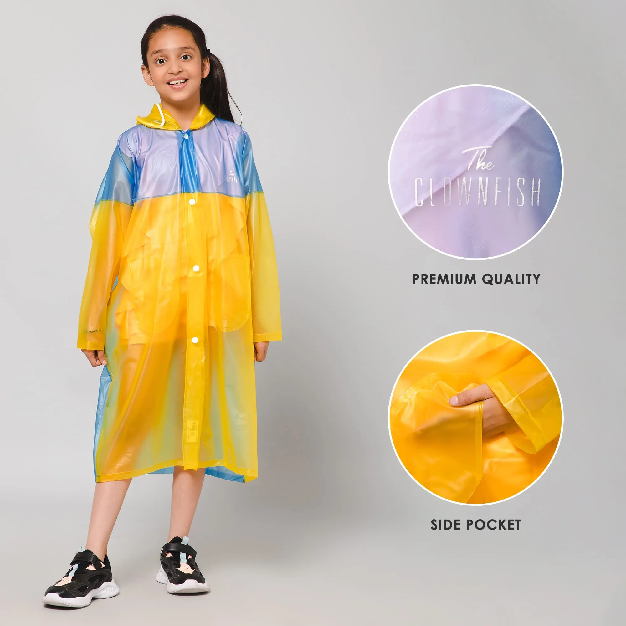 THE CLOWNFISH Puddle Jumper Series Unisex Kids Waterproof Single Layer PVC Longcoat/Raincoat with Adjustable Hood. Age-4-5 Years (Blue)