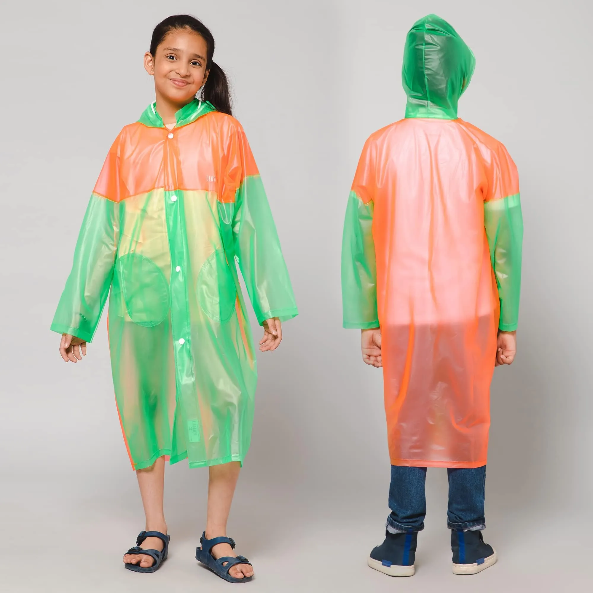 THE CLOWNFISH Puddle Jumper Series Unisex Kids Waterproof Single Layer PVC Longcoat/Raincoat with Adjustable Hood. Age-4-5 Years (Fluoroscent Pink)