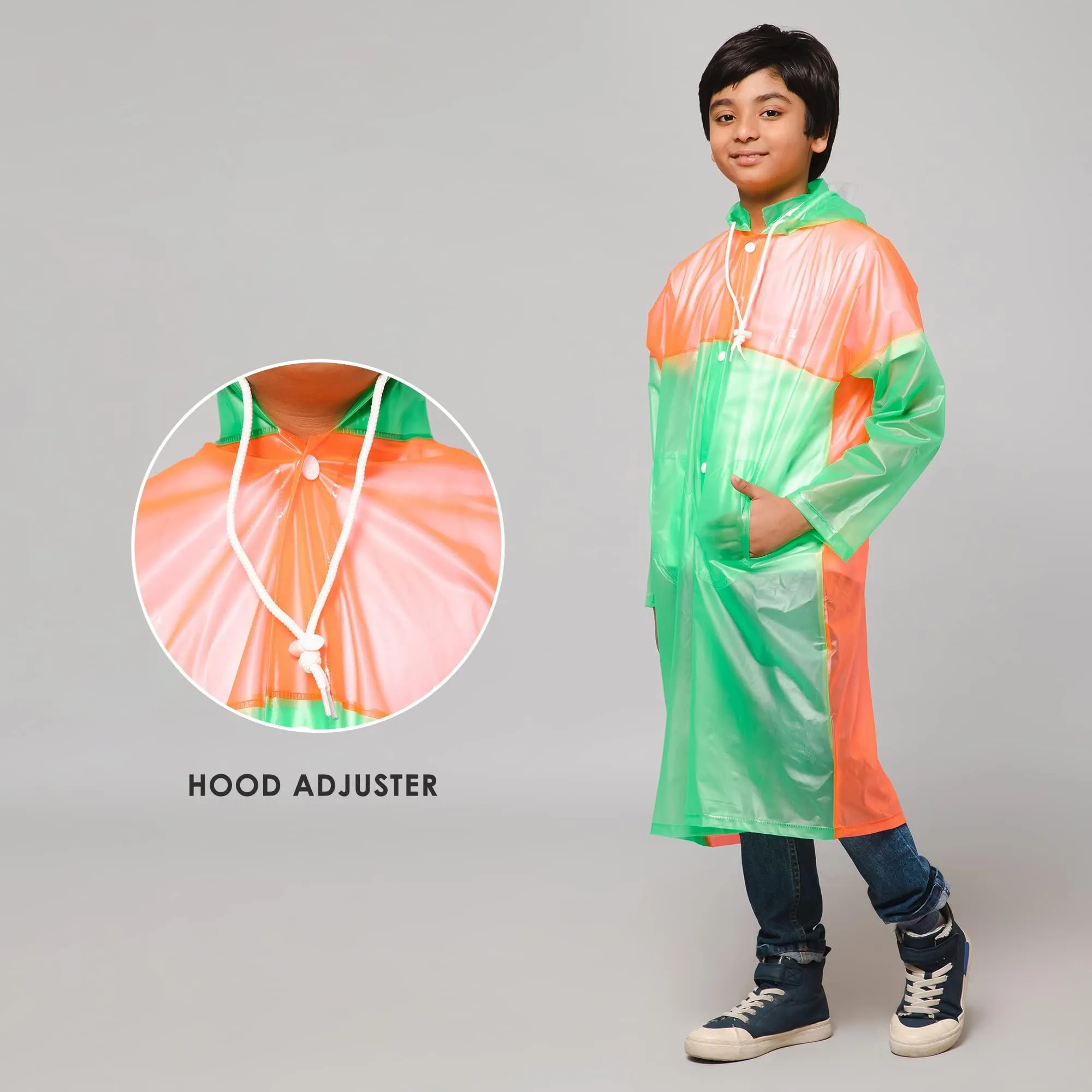 THE CLOWNFISH Puddle Jumper Series Unisex Kids Waterproof Single Layer PVC Longcoat/Raincoat with Adjustable Hood. Age-4-5 Years (Fluoroscent Pink)