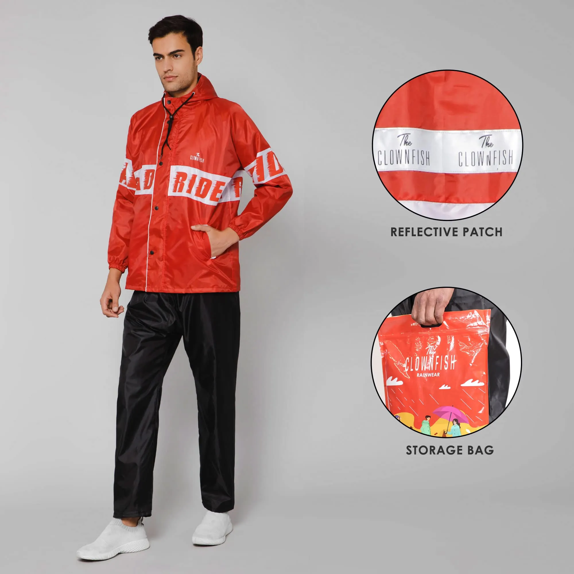 THE CLOWNFISH Road Rider Men's Waterproof Raincoat Polyester Double Coating Reversible Rain Suit with Adjustable Hood & Inner Mobile Pocket. Set of Top and Bottom. Printed Plastic Pouch (Red, Large)