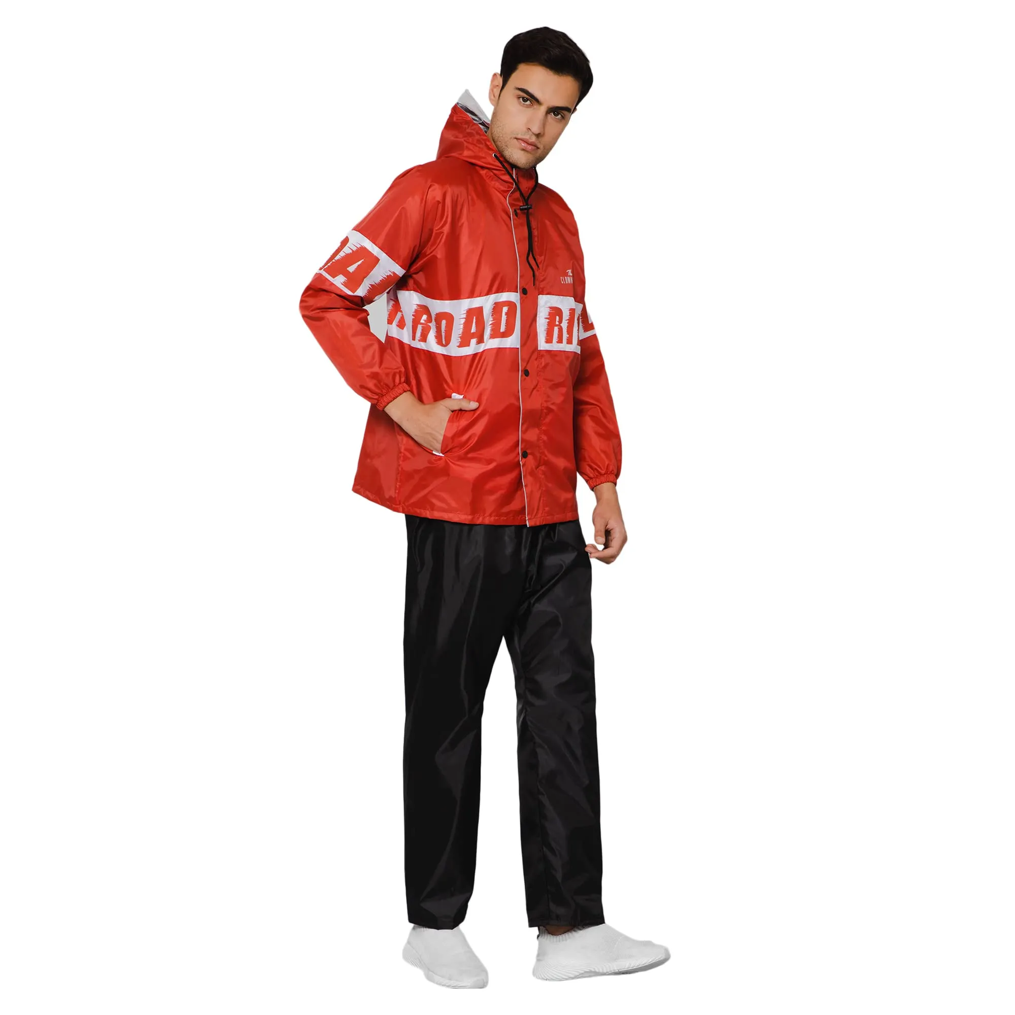 THE CLOWNFISH Road Rider Men's Waterproof Raincoat Polyester Double Coating Reversible Rain Suit with Adjustable Hood & Inner Mobile Pocket. Set of Top and Bottom. Printed Plastic Pouch (Red, Large)