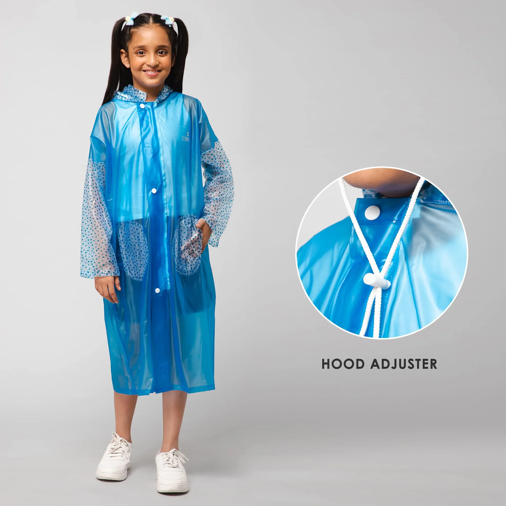 THE CLOWNFISH Shower Saver Series Unisex Kids Waterproof Single Layer PVC Longcoat/Raincoat with Adjustable Hood. Age-5-6 Years (Sky Blue)