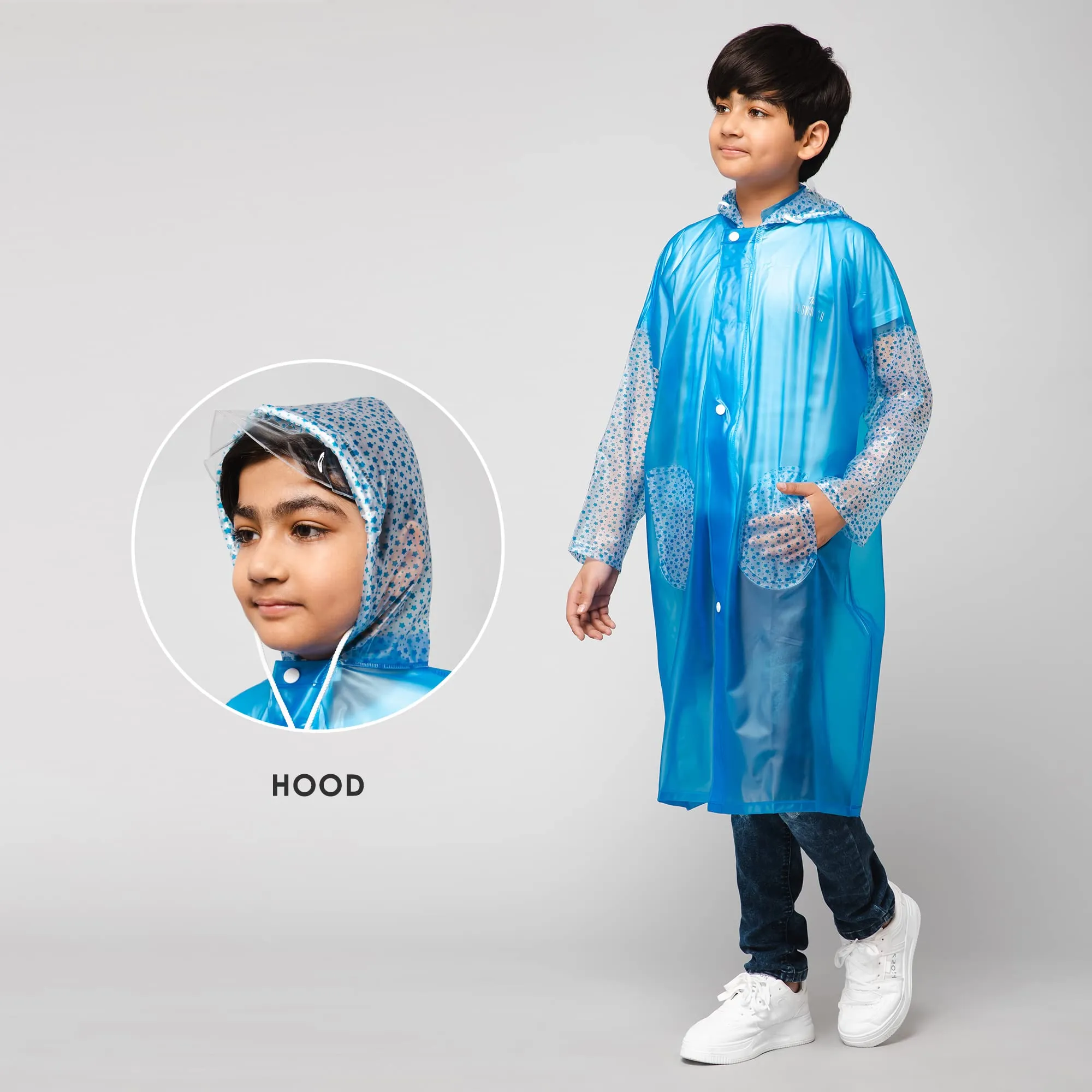 THE CLOWNFISH Shower Saver Series Unisex Kids Waterproof Single Layer PVC Longcoat/Raincoat with Adjustable Hood. Age-5-6 Years (Sky Blue)