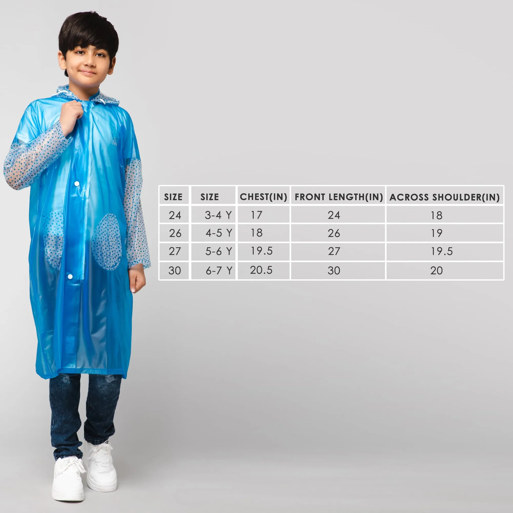 THE CLOWNFISH Shower Saver Series Unisex Kids Waterproof Single Layer PVC Longcoat/Raincoat with Adjustable Hood. Age-5-6 Years (Sky Blue)