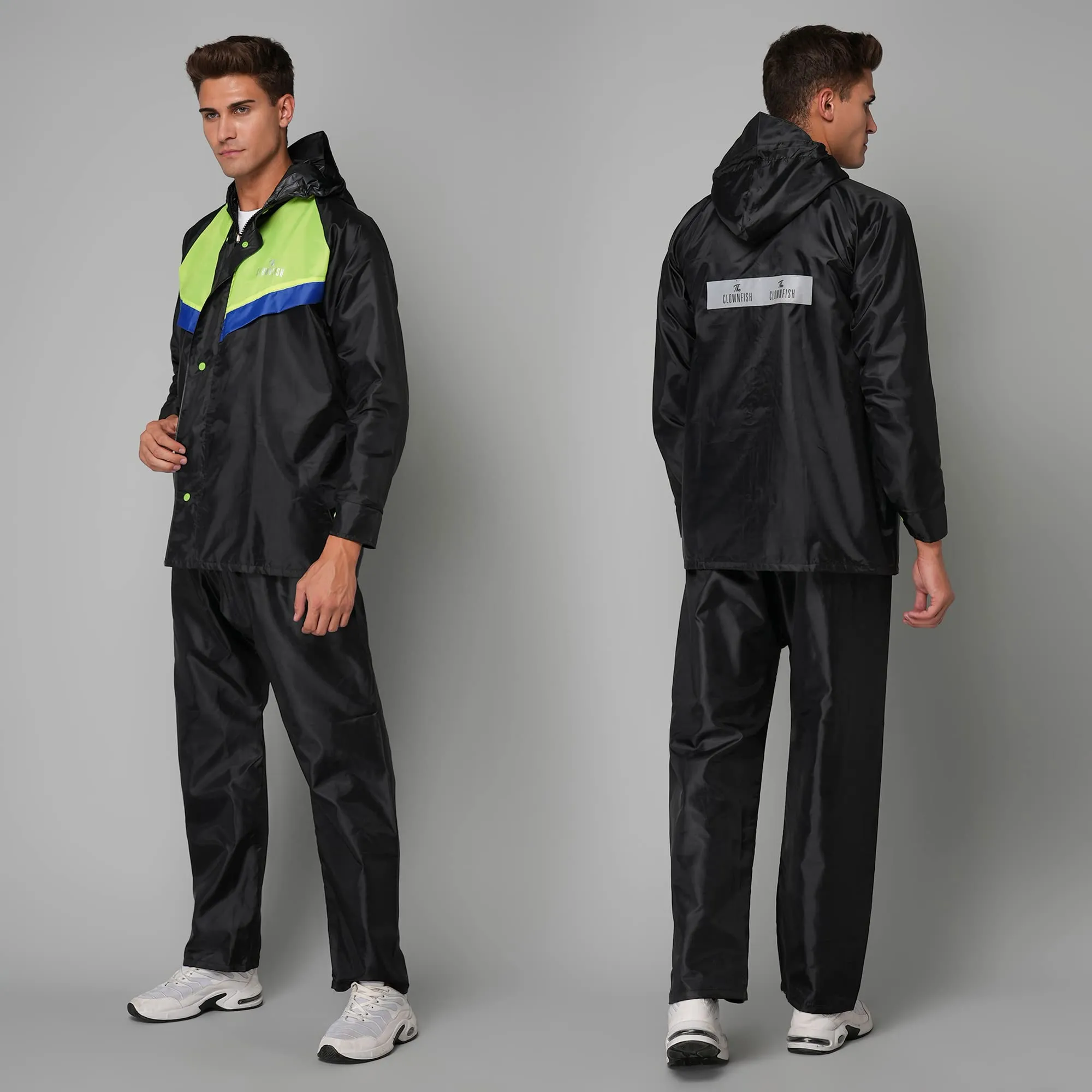 THE CLOWNFISH Sky Pro Series Men's Waterproof Polyester Double Coating Raincoat with Hood and Reflector Logo at Back. Set of Top and Bottom (Black, XXXL)