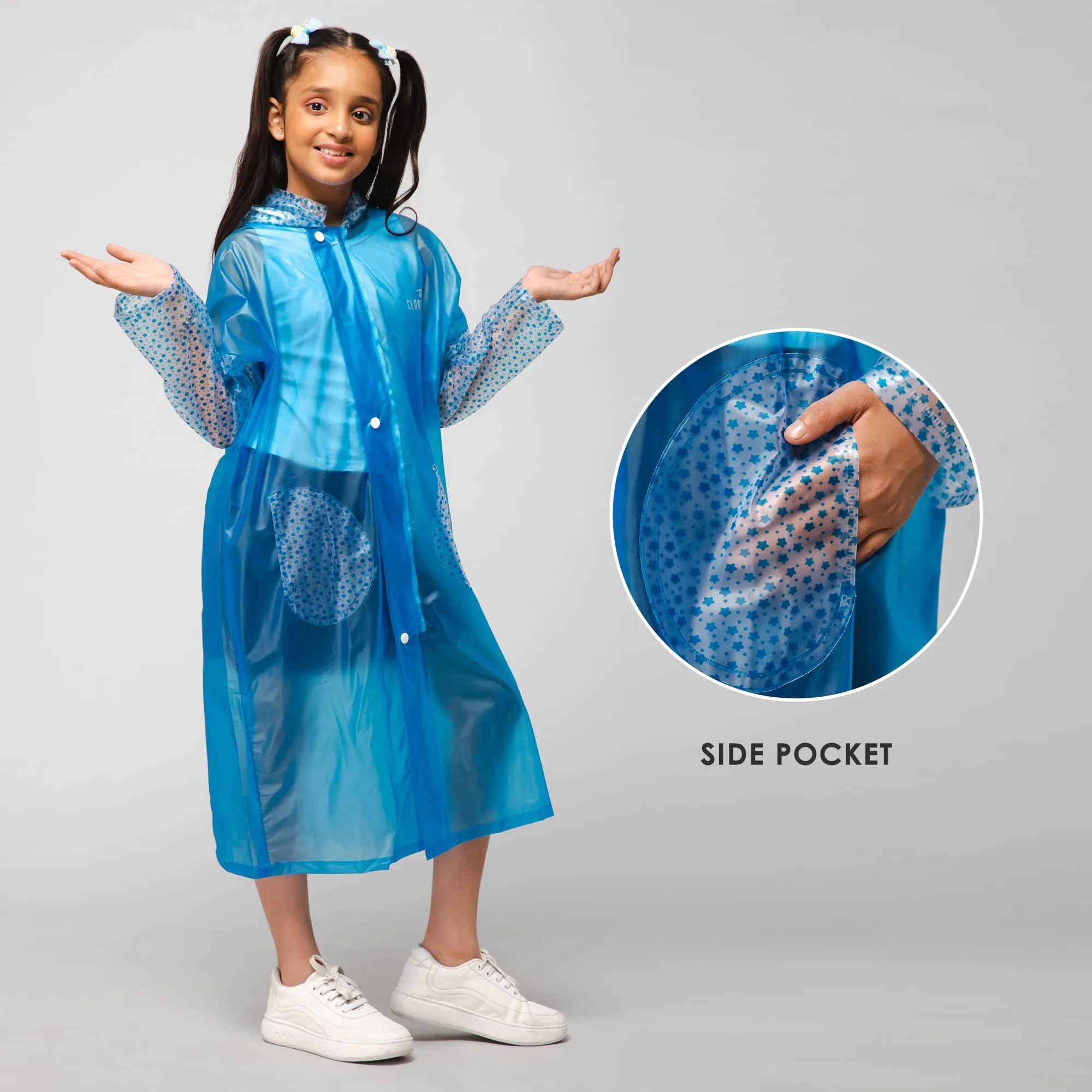 THE CLOWNFISH Storm Shield Series Unisex Kids Waterproof Single Layer PVC Longcoat/Raincoat with Adjustable Hood. Age-11-12 Years (Dark Blue)