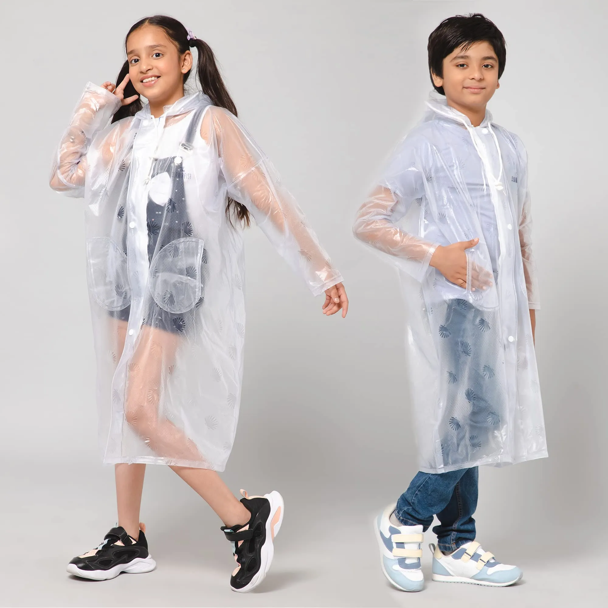 THE CLOWNFISH Storm Shield Series Unisex Kids Waterproof Single Layer PVC Longcoat/Raincoat with Adjustable Hood. Age-11-12 Years (Transparent White)