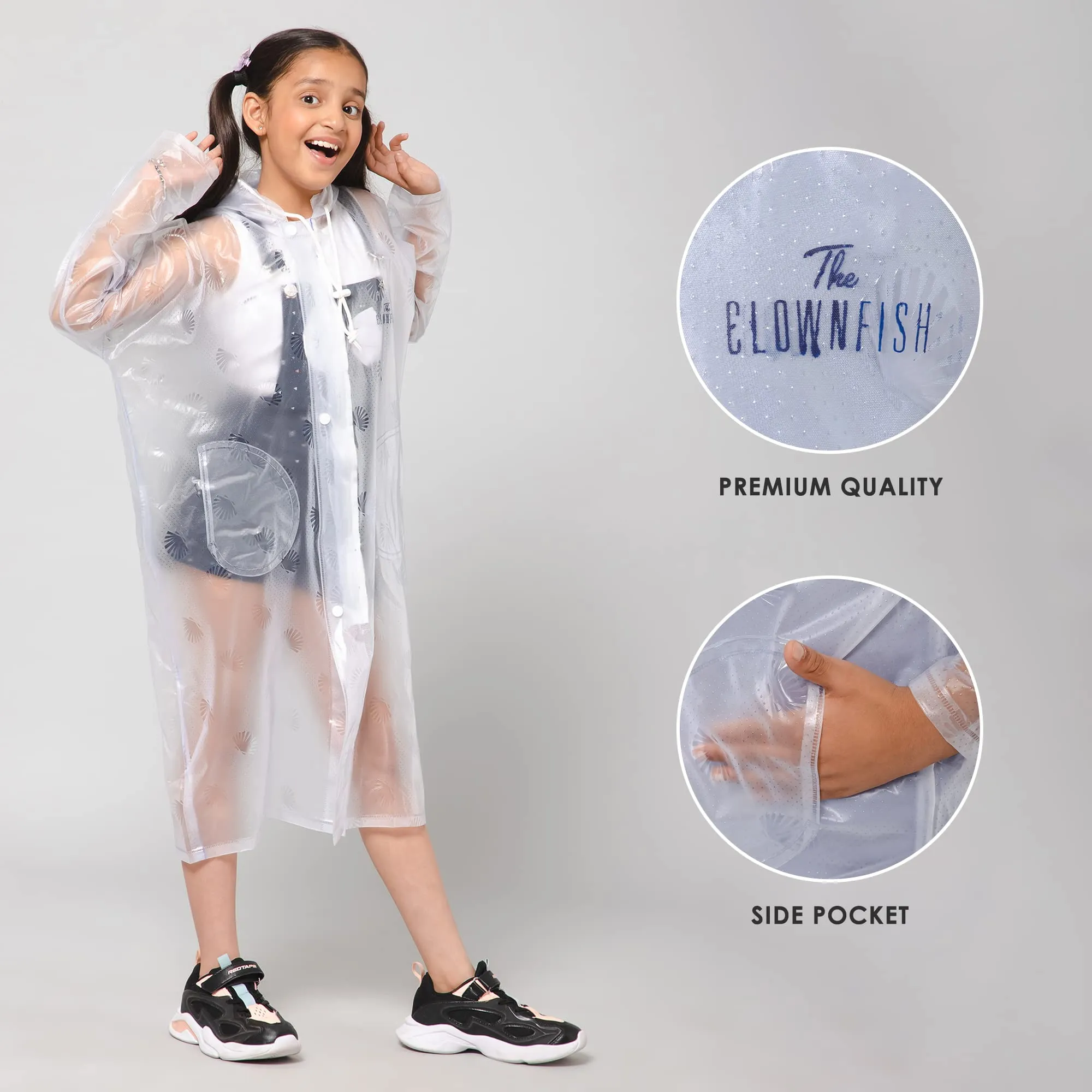 THE CLOWNFISH Storm Shield Series Unisex Kids Waterproof Single Layer PVC Longcoat/Raincoat with Adjustable Hood. Age-11-12 Years (Transparent White)