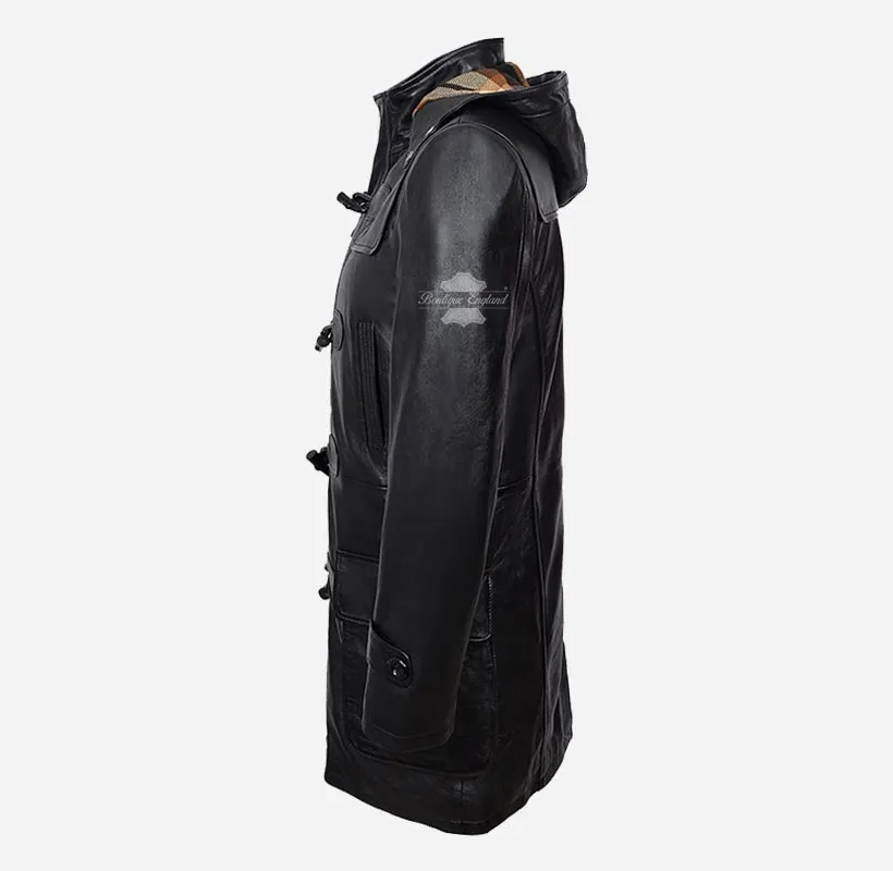 TOGGLE Duffle Leather Coat For Men's With Hood