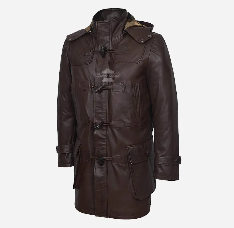 TOGGLE Duffle Leather Coat For Men's With Hood