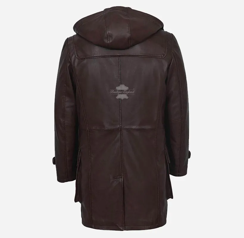 TOGGLE Duffle Leather Coat For Men's With Hood