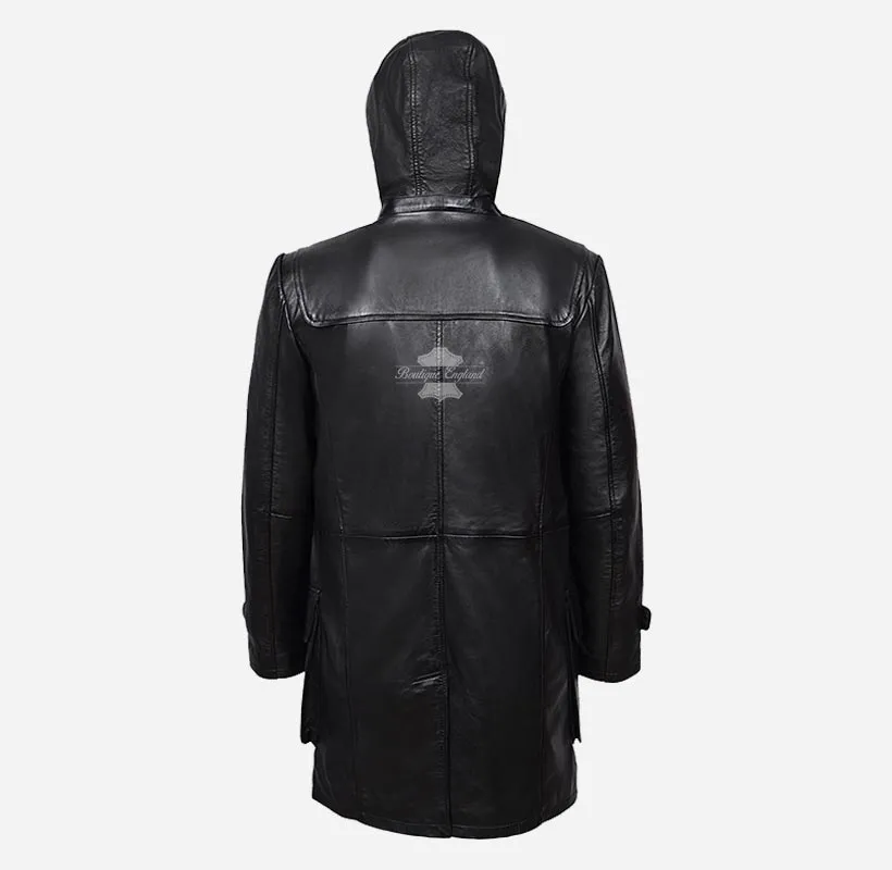 TOGGLE Duffle Leather Coat For Men's With Hood