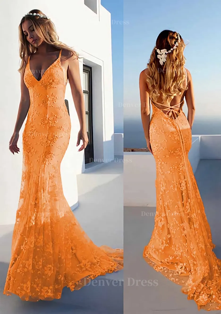 Trumpet/Mermaid Spaghetti Straps Court Train Lace Prom Dress