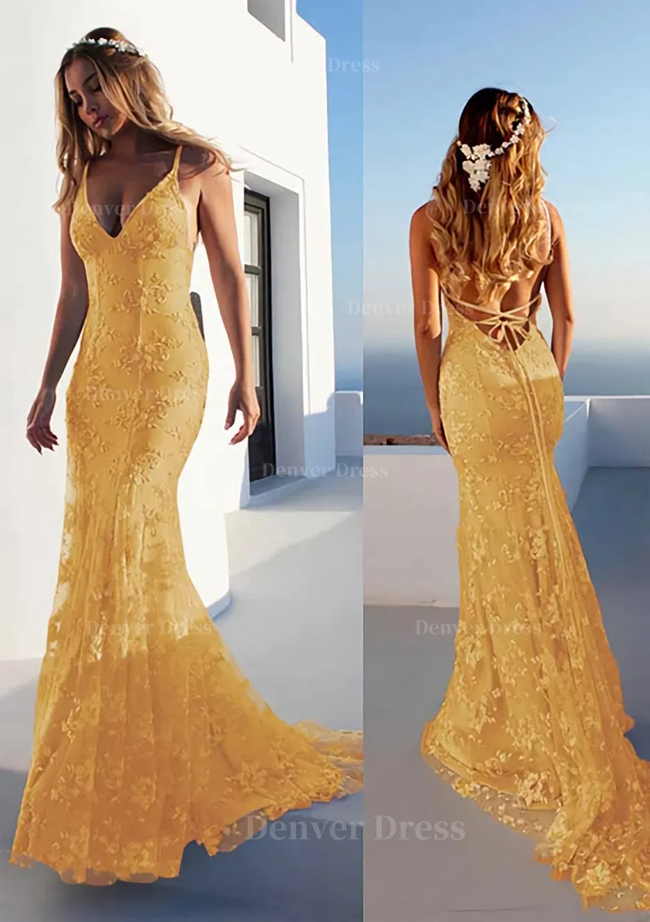 Trumpet/Mermaid Spaghetti Straps Court Train Lace Prom Dress