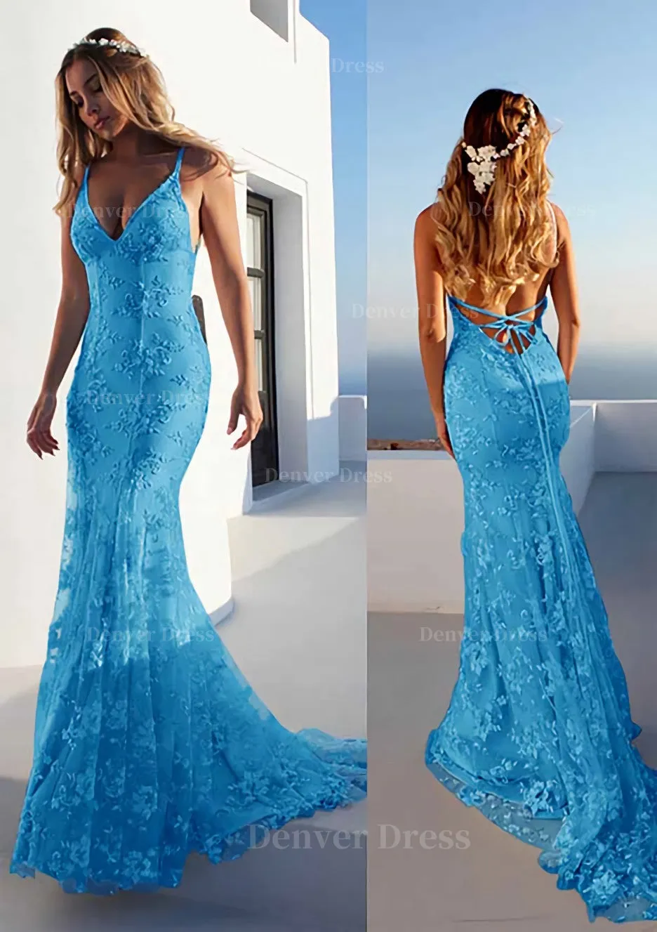 Trumpet/Mermaid Spaghetti Straps Court Train Lace Prom Dress