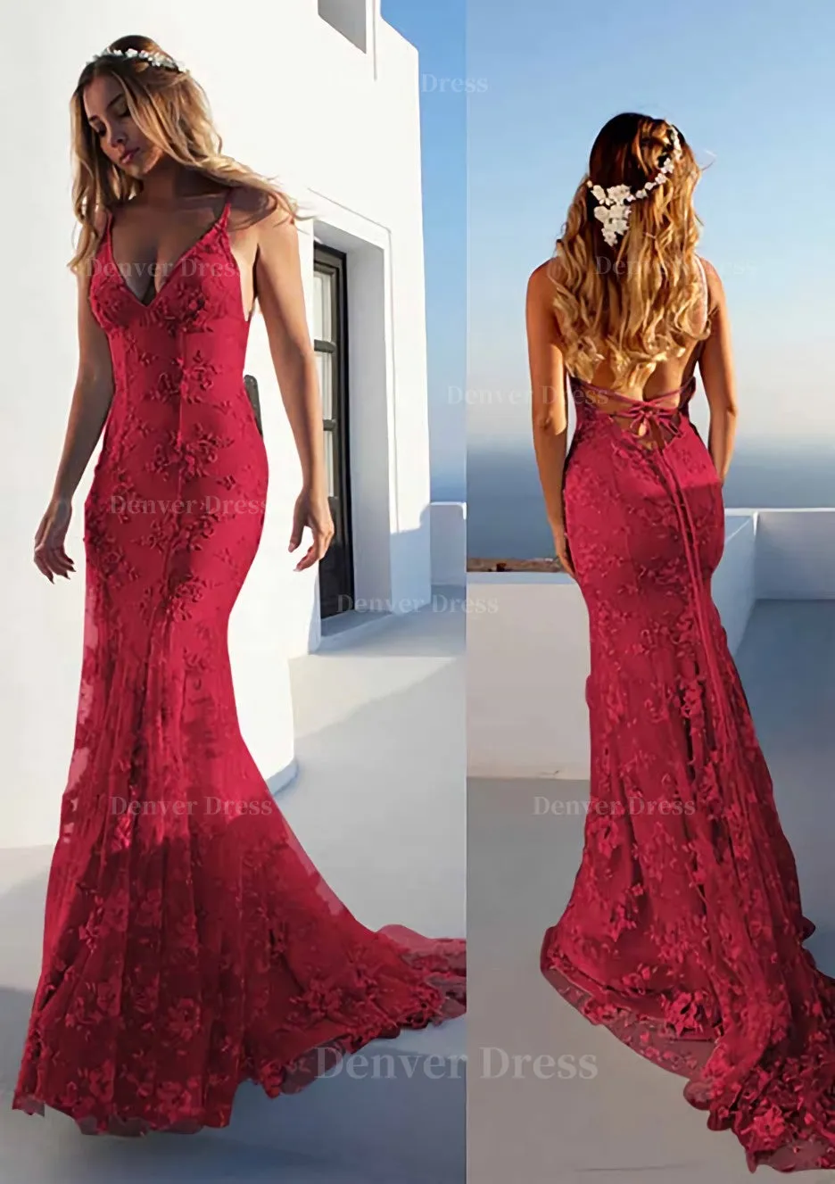 Trumpet/Mermaid Spaghetti Straps Court Train Lace Prom Dress