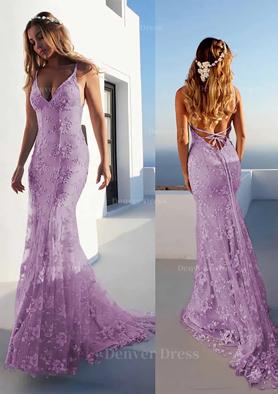 Trumpet/Mermaid Spaghetti Straps Court Train Lace Prom Dress