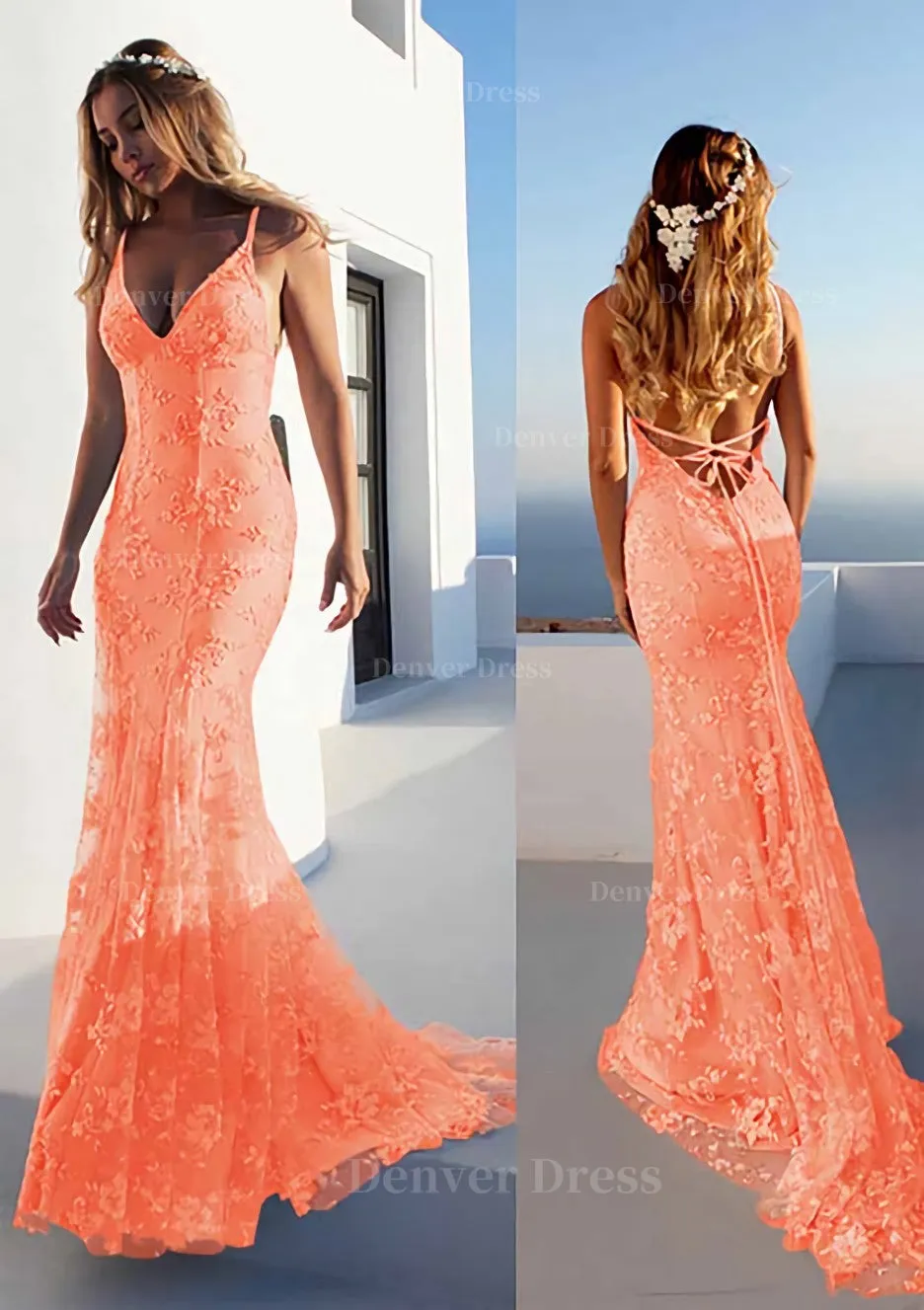 Trumpet/Mermaid Spaghetti Straps Court Train Lace Prom Dress