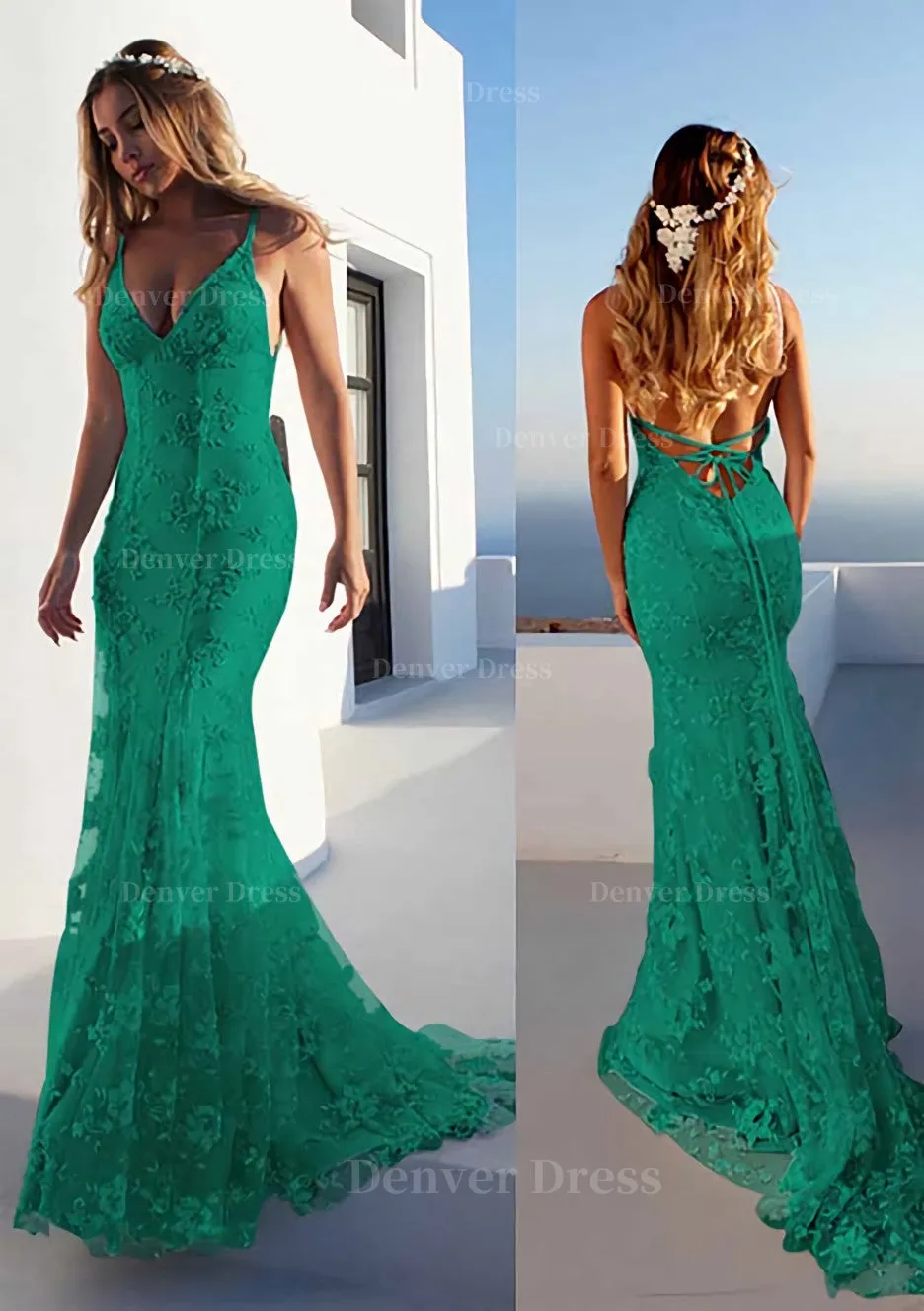 Trumpet/Mermaid Spaghetti Straps Court Train Lace Prom Dress