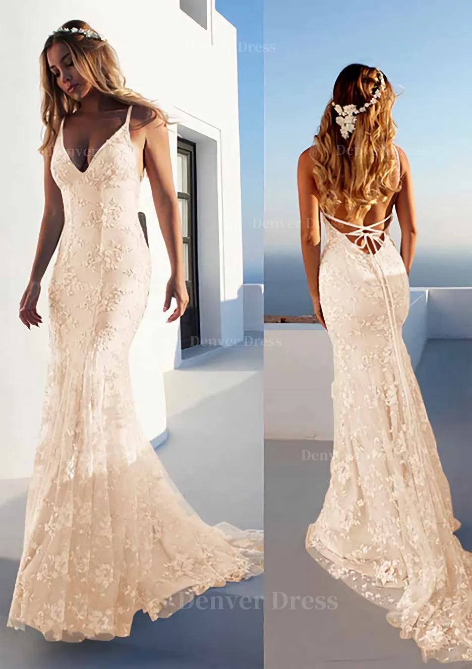 Trumpet/Mermaid Spaghetti Straps Court Train Lace Prom Dress