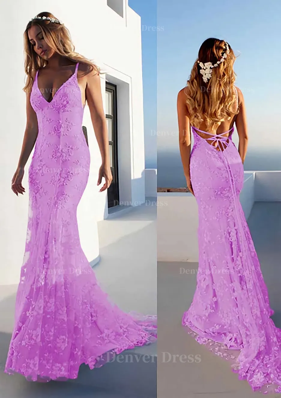 Trumpet/Mermaid Spaghetti Straps Court Train Lace Prom Dress