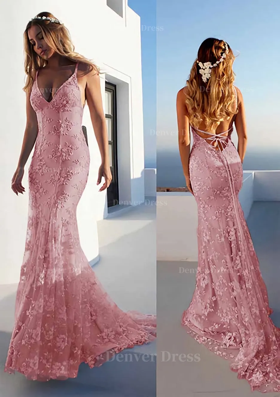 Trumpet/Mermaid Spaghetti Straps Court Train Lace Prom Dress