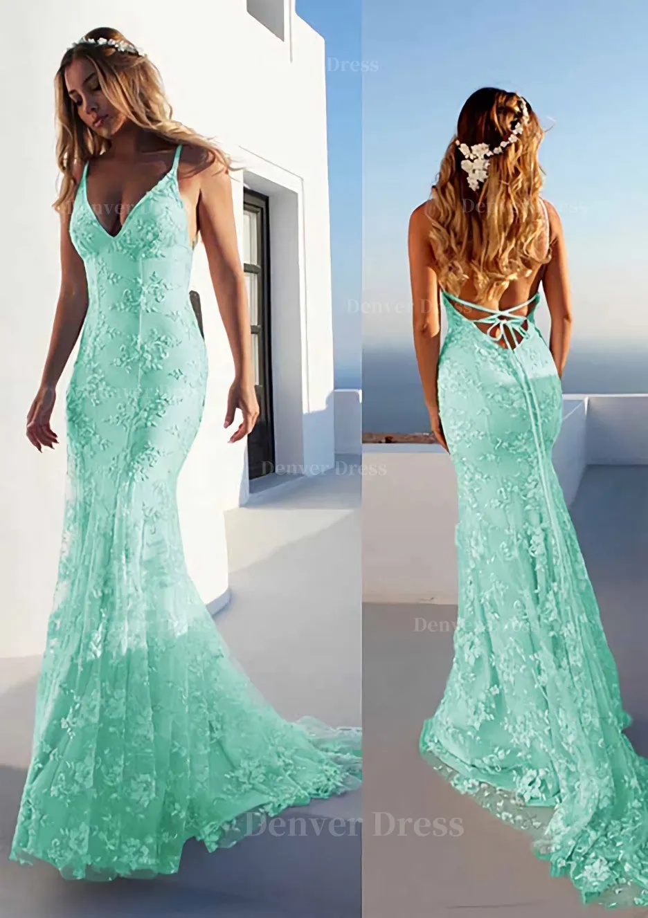 Trumpet/Mermaid Spaghetti Straps Court Train Lace Prom Dress