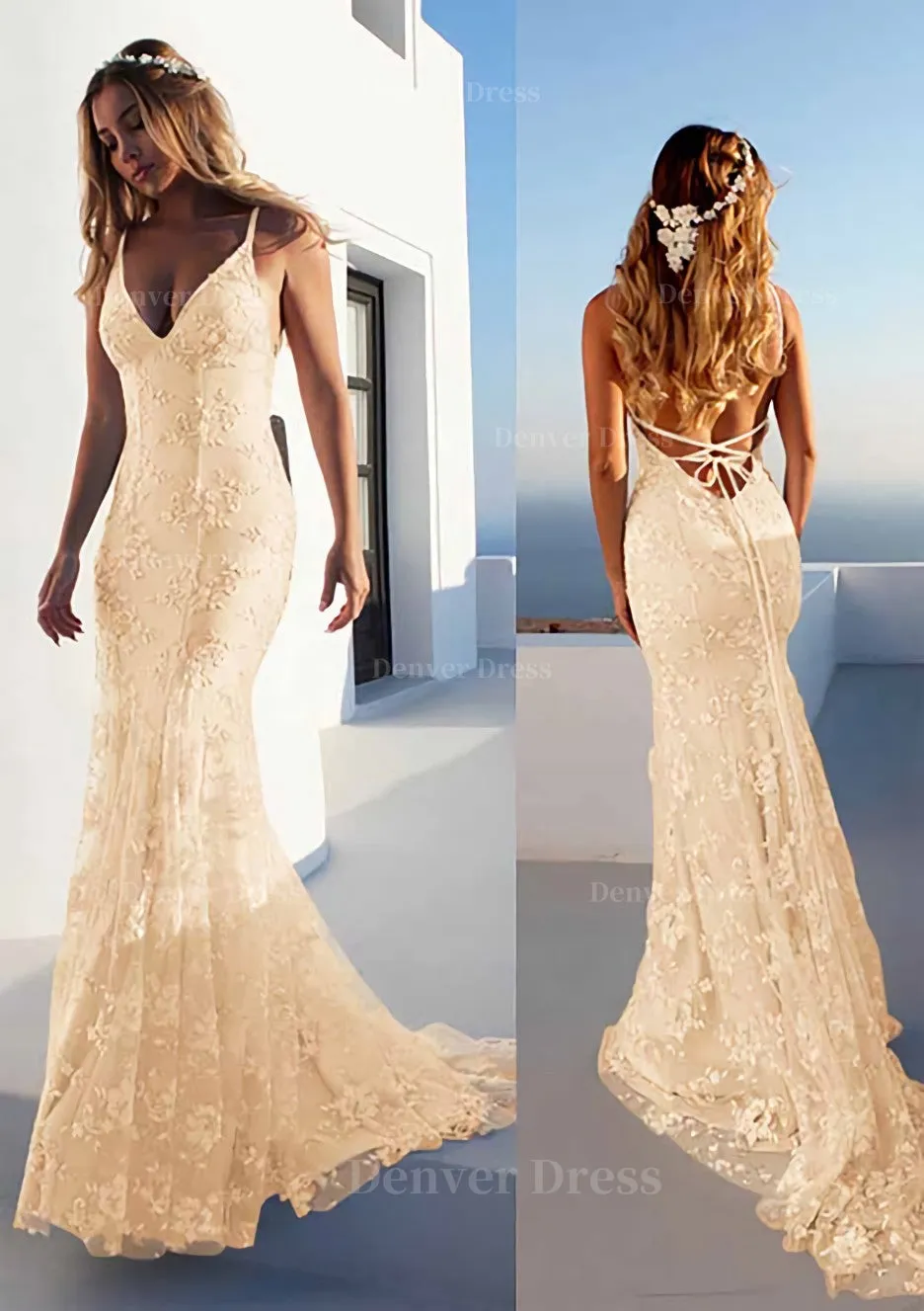 Trumpet/Mermaid Spaghetti Straps Court Train Lace Prom Dress